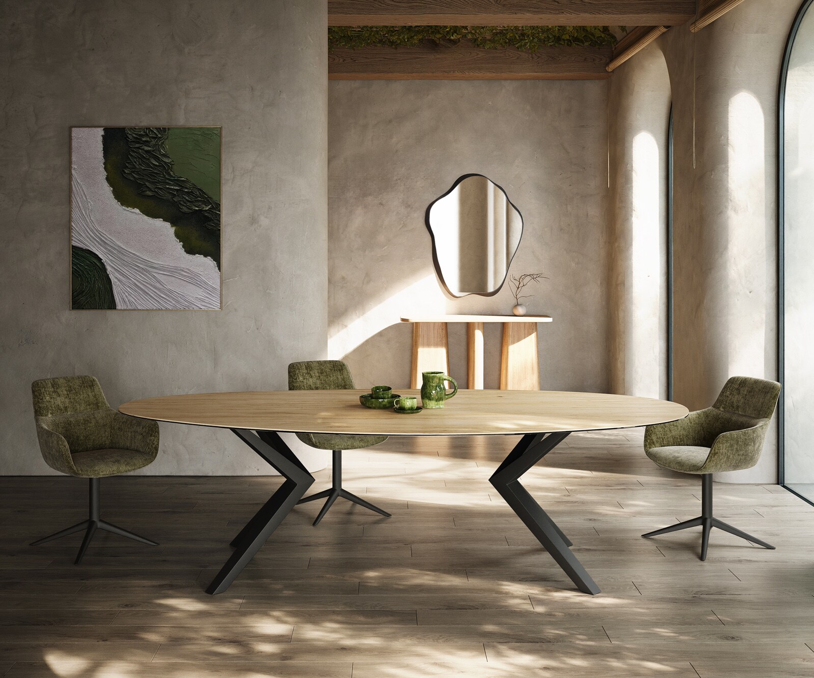 Трапезна маса Edge Oval 280x130, керамика Laminam „®“, цвят „Sabbia“ (дъбов), Zenthara, с остри ръбове, метал, черна 1