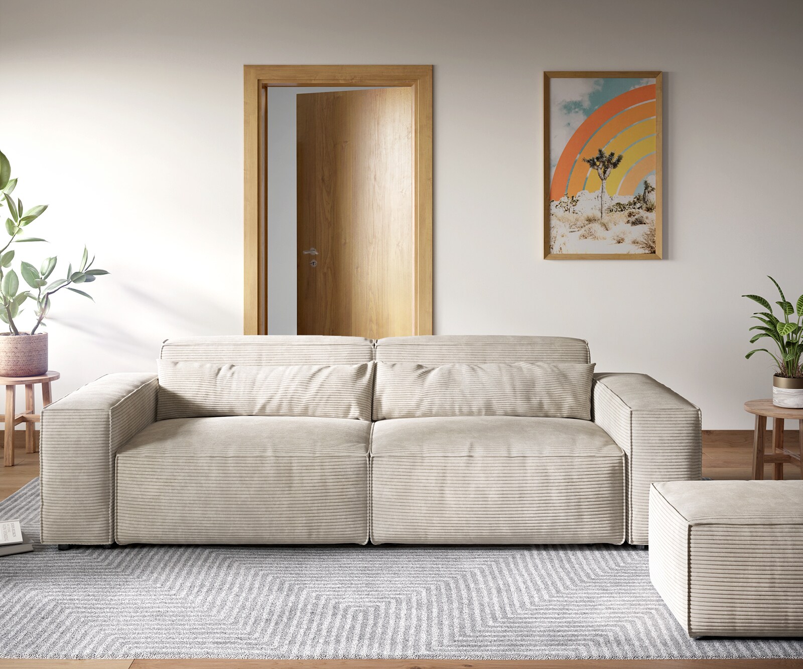 3-местен диван Sirpio, 270x130 cm, XL дълбока седалка, Табуретка, Дамаска Рипс, Бежов  1