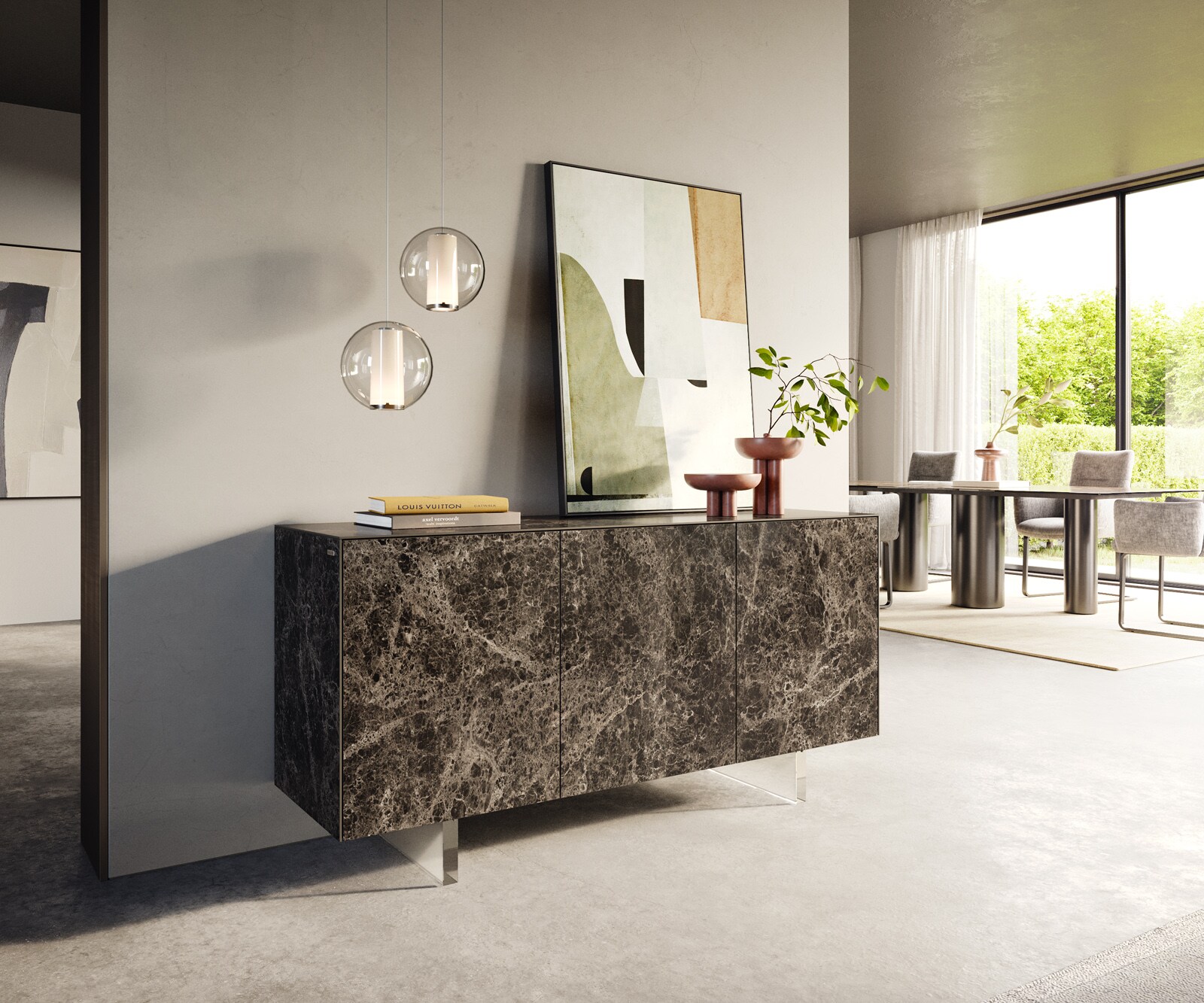 Шкаф Cuor 150 cm Ceramic Laminam® Emperador Extra Lucidato Тъмно кафяво 3 врати Foot Плаващ вид акрилно стъкло 1