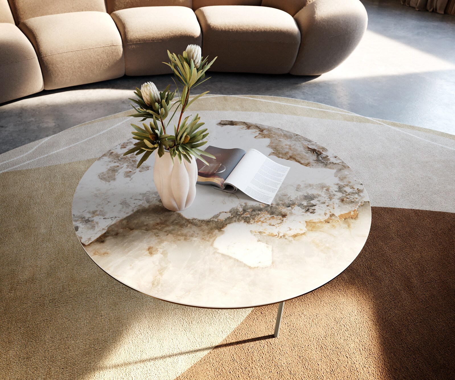 Масичка за кафе Edge, кръгла, 90x90 cm, керамика Minas Melange Trive, метален ефект, покритие титан 2