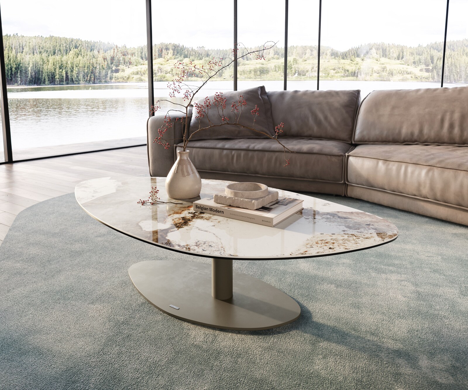 Масичка за кафе Edge Organic 140x76 cm керамика Minas Melange Vibany метален ефект покритие титан 2