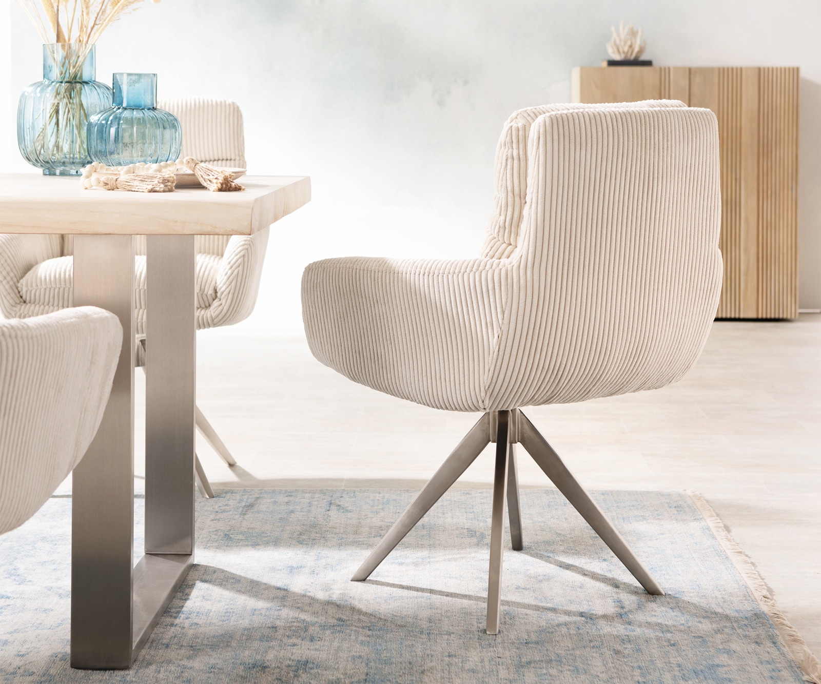 Врътящ се стол с подлакътници Корд Бежов Конус крак  Неръждаема стомана 180° въртящ се Abelia-Flex 4 Врътящ се стол с подлакътници Корд Бежов Конус крак  Неръждаема стомана 180° въртящ се Abelia-Flex 4