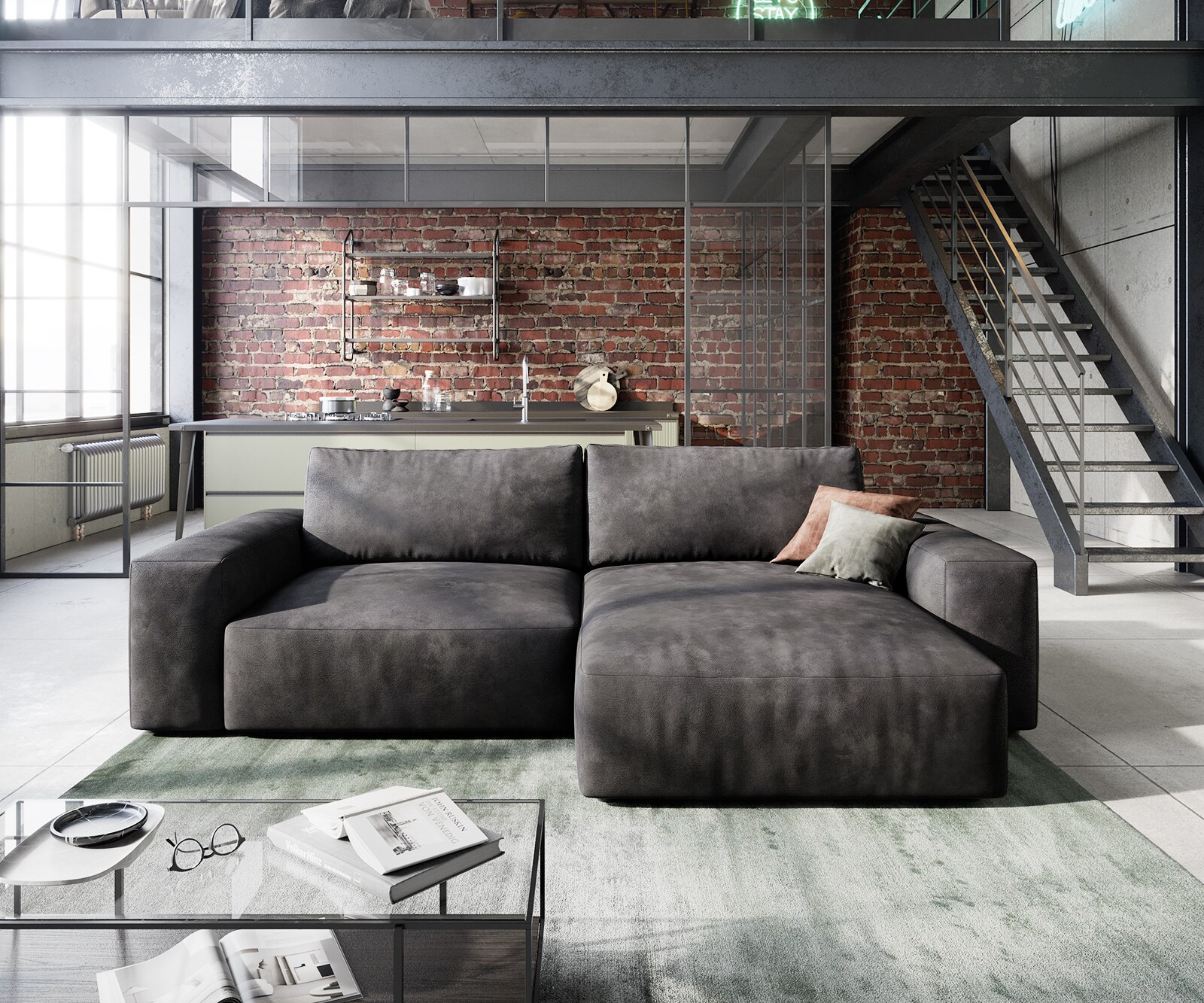 Ъглов диван L 260x160 cm Имитация на кожа Винтидж Антрацит Варианти лежанка Lanzo 1