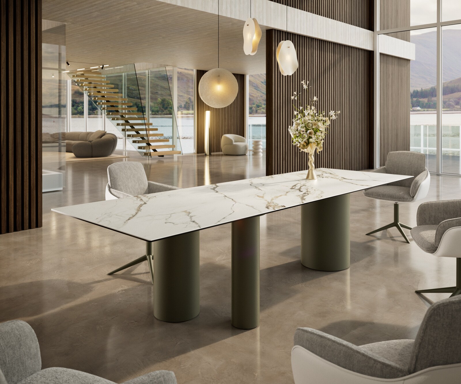Трапезна маса Edge 300x100, керамика Calacatta Luxe, бяло-златно-сиво, Troa, метал с ефект на титан 1