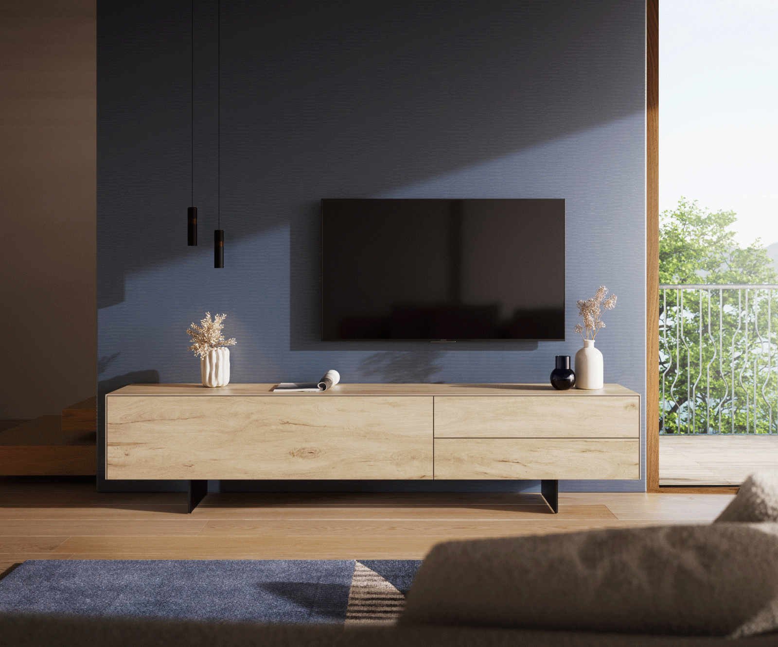 ТВ шкаф Cuor 220 см Керамика Laminam® Sabbia Дъбов цвят 1 врата 2 чекмеджета Основа Метал Черен 2