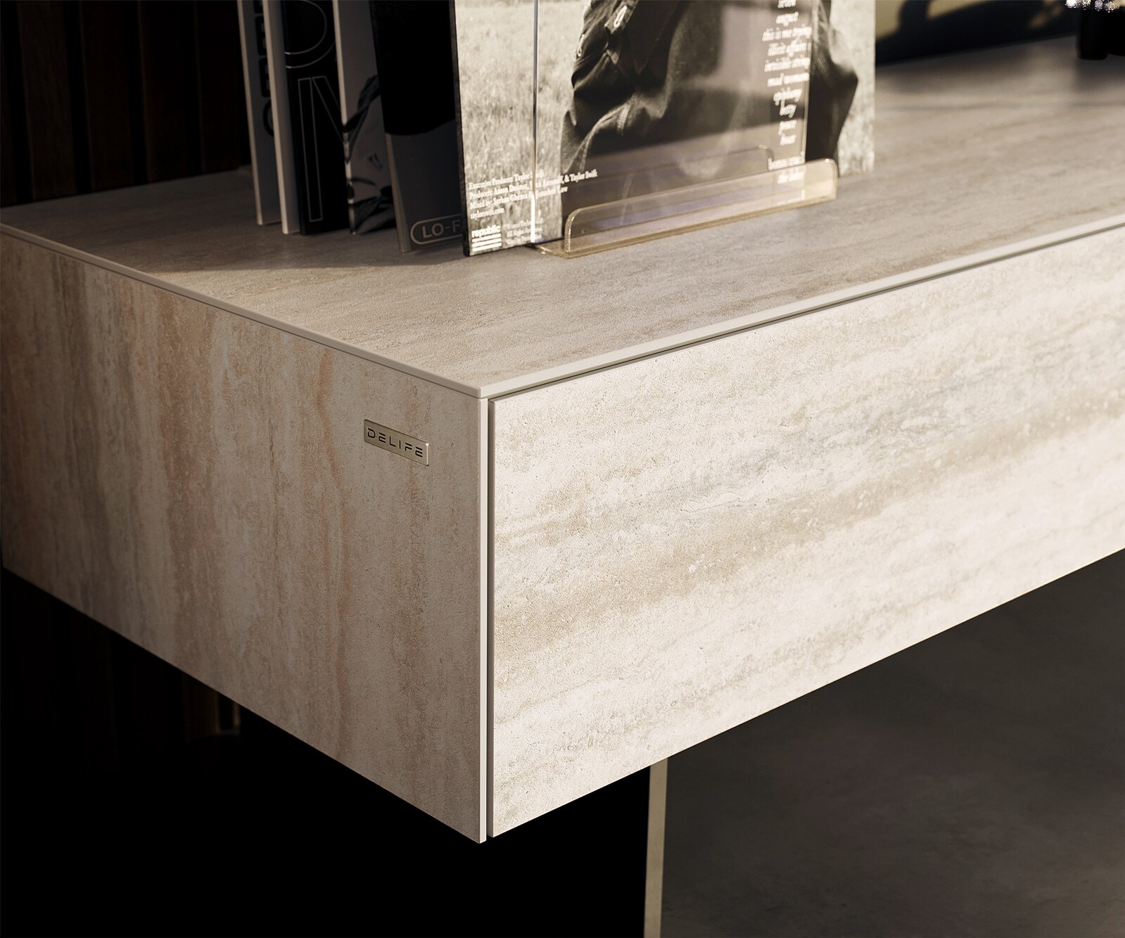 Ниска дъска Cuor 150 см Керамичен ламинат® Travertino Bianco Крем-бяло 1 клапа 1 чекмедже Основа Окачен поглед Метал черен 6