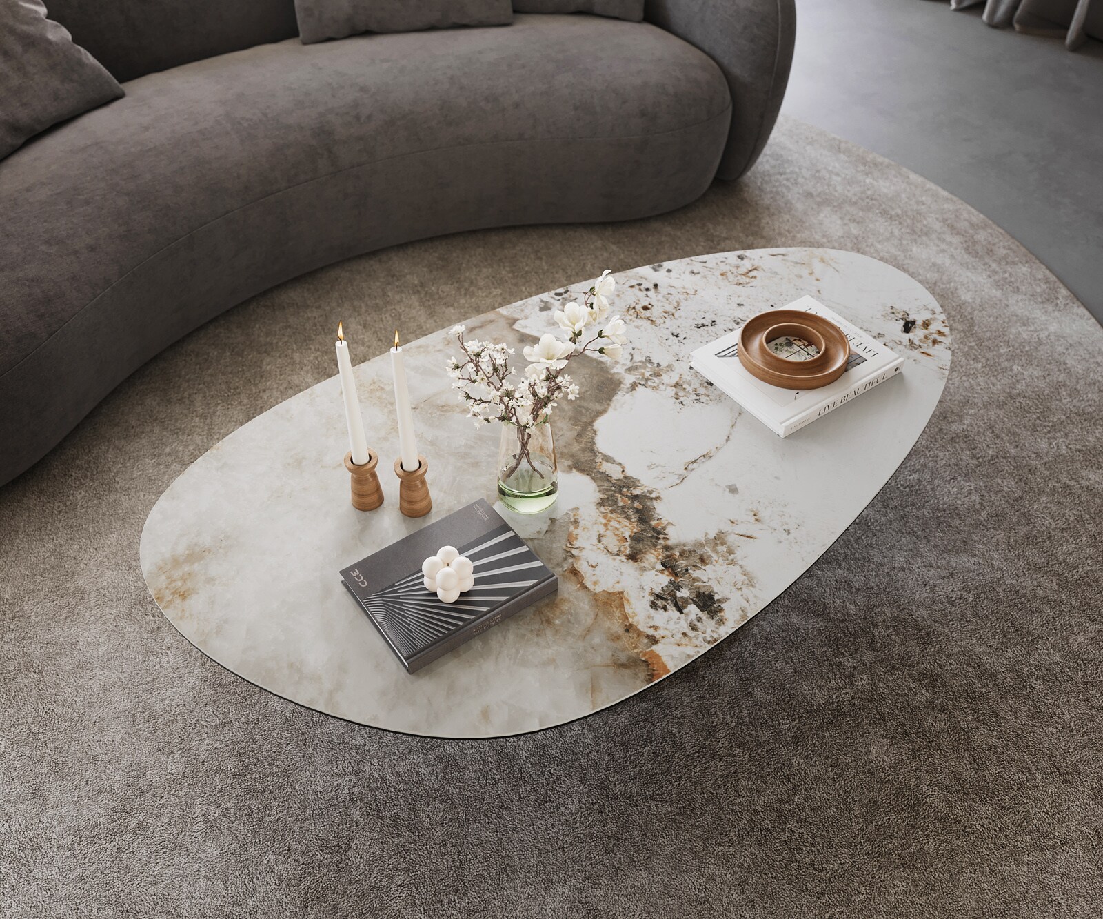 Масичка за кафе Edge Oval 140x75 cm керамика Minas Melange Vibany метален ефект покритие титан 4