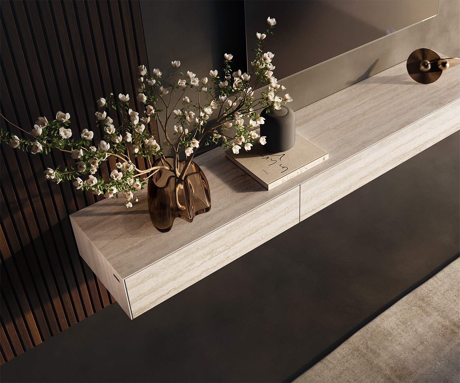 Стенен ТВ шкаф Cuor 200 см Керамика Laminam® Travertino Bianco Крем-бяло 1 врата 1 чекмедже 3