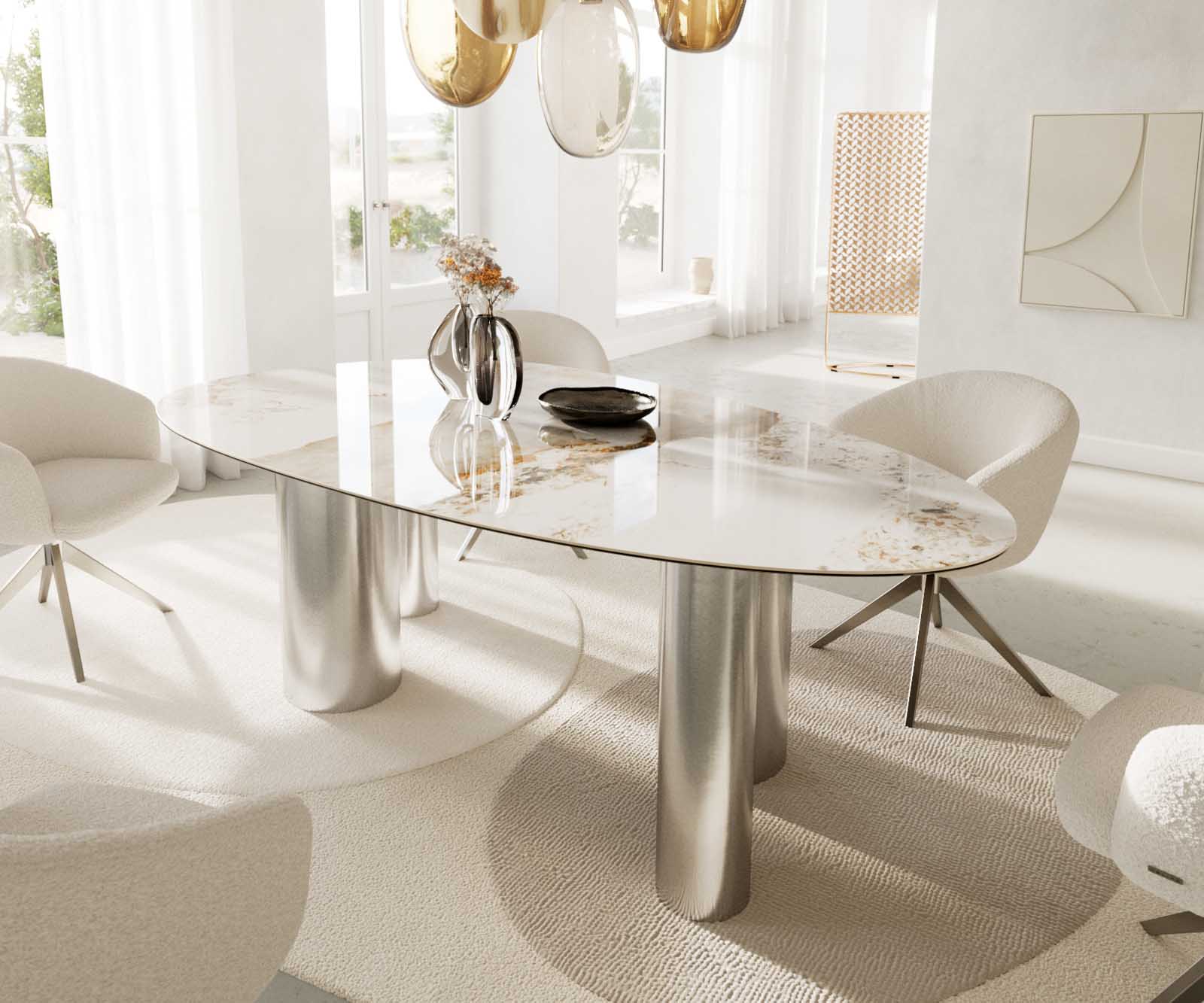 Маса Oval 220x120 Keramik Minas Melange Бял-Бежов Pilier Неръждаема стомана Edge 6