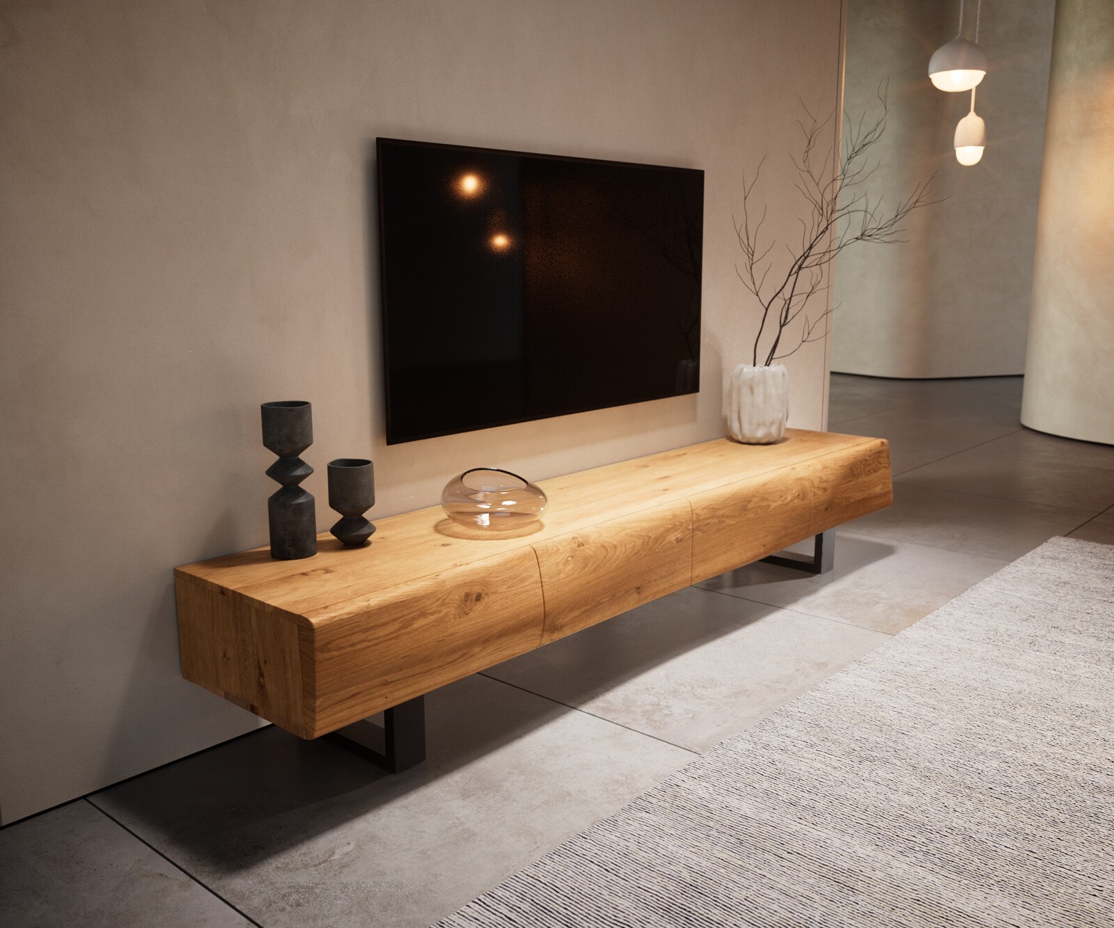 Ниска дъска New Live-Edge 200 cm естествен дъб 4 вратички метален бегач черен 3