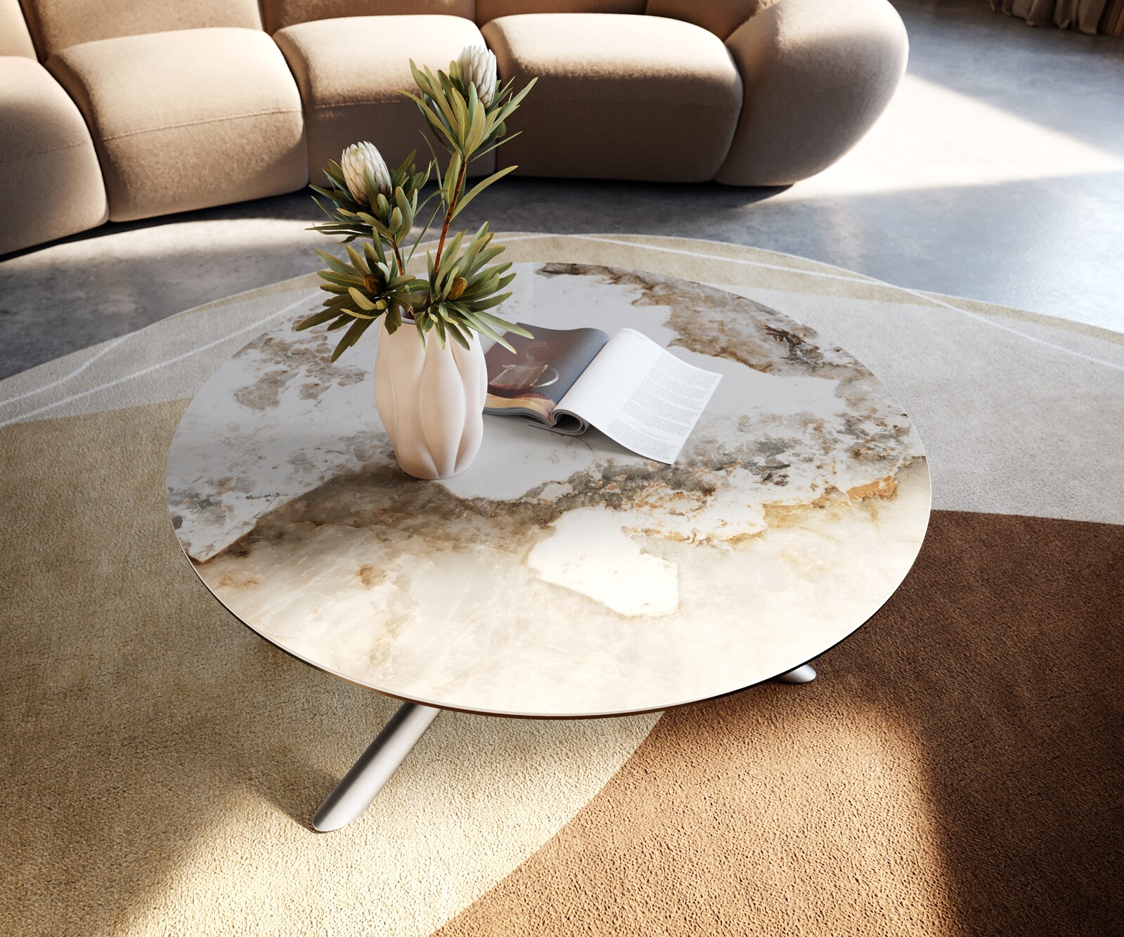 Масичка за кафе Edge, кръгла, 90x90 cm, керамика Minas Melange Sarity, матирана неръждаема стомана 2