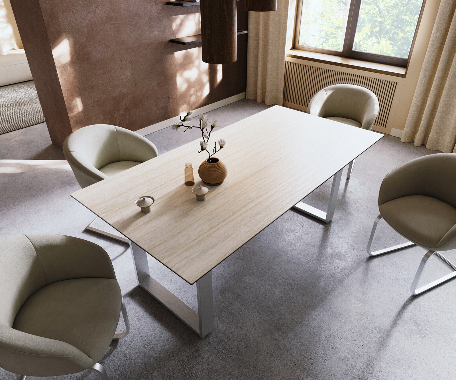 Трапезна маса Edge 200x100, керамика Laminam „®“, Travertino Bianco, кремаво-бяла, неръждаема стомана, тясна 3