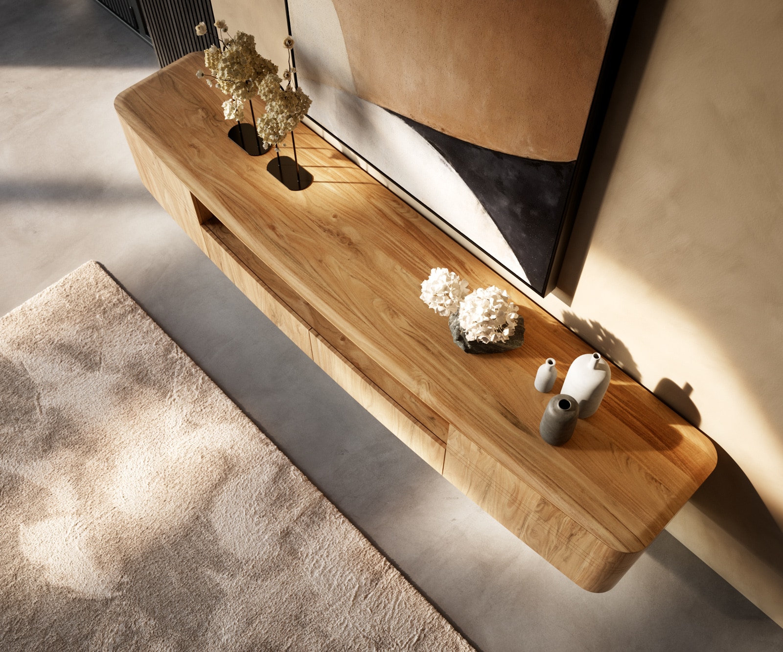 Нисък плот Nagaru 240 cm акация Aura 2 врати 2 чекмеджета 1 отделение плаващо 3 Нисък плот Nagaru 240 cm акация Aura 2 врати 2 чекмеджета 1 отделение плаващо 3