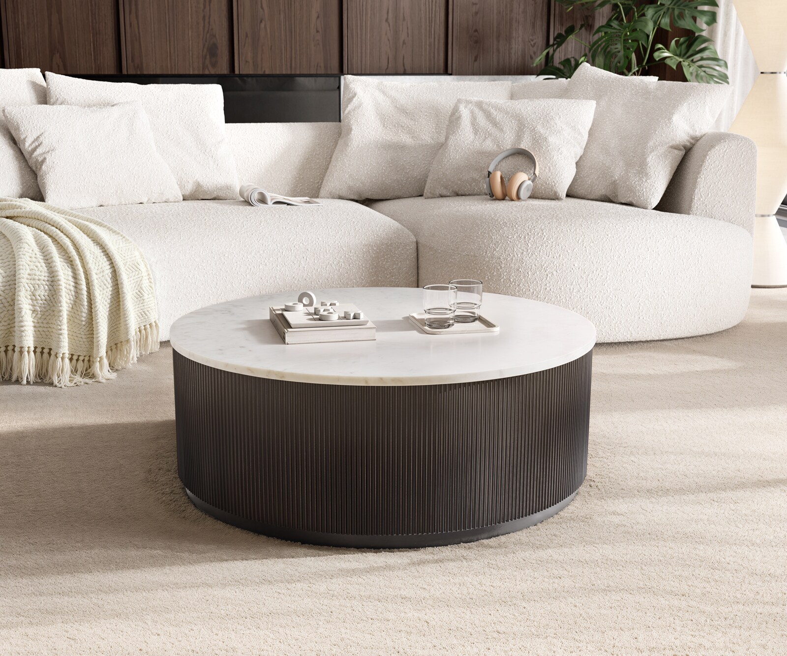 Масичка за кафе Fiorano 90x90 cm мрамор бял метал сребърен фюжън покритие