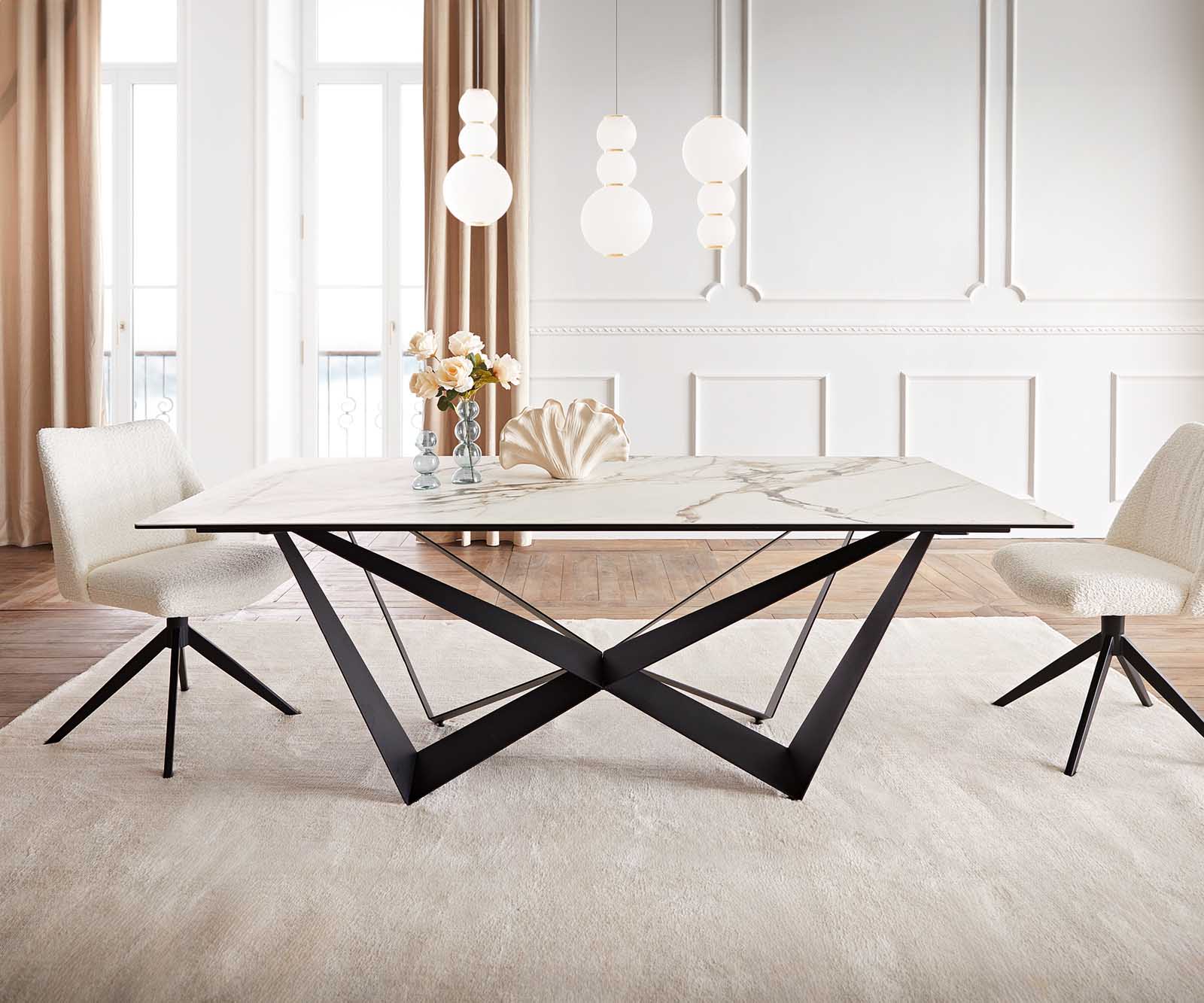 Маса 200x100 Keramik Calacatta Luxe Бял-Злато-Сив Spider плоска стомана Черен Edge 1