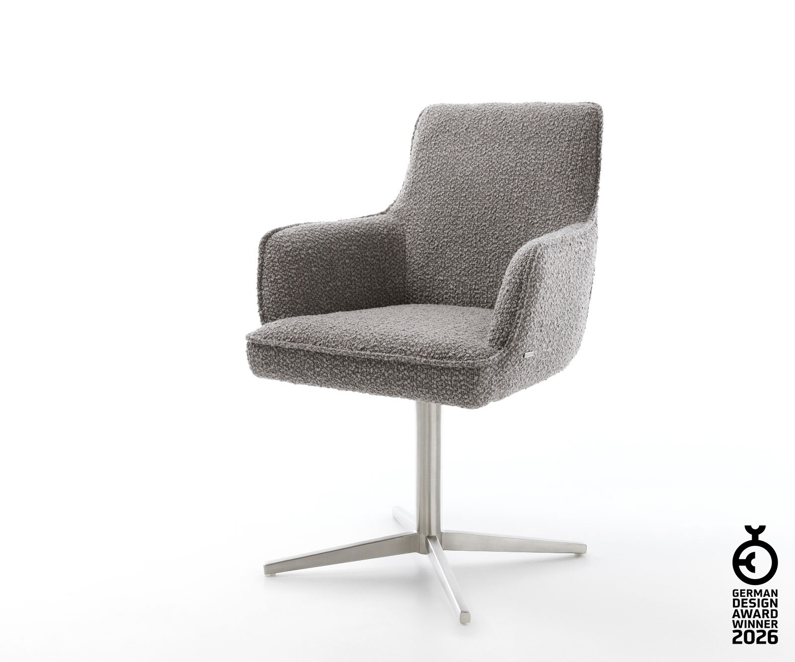 Врътящ се стол с подлакътници Букле СребристСив Офис основа Неръждаема стомана 360° въртящ се Покет пружина Heira-Flex