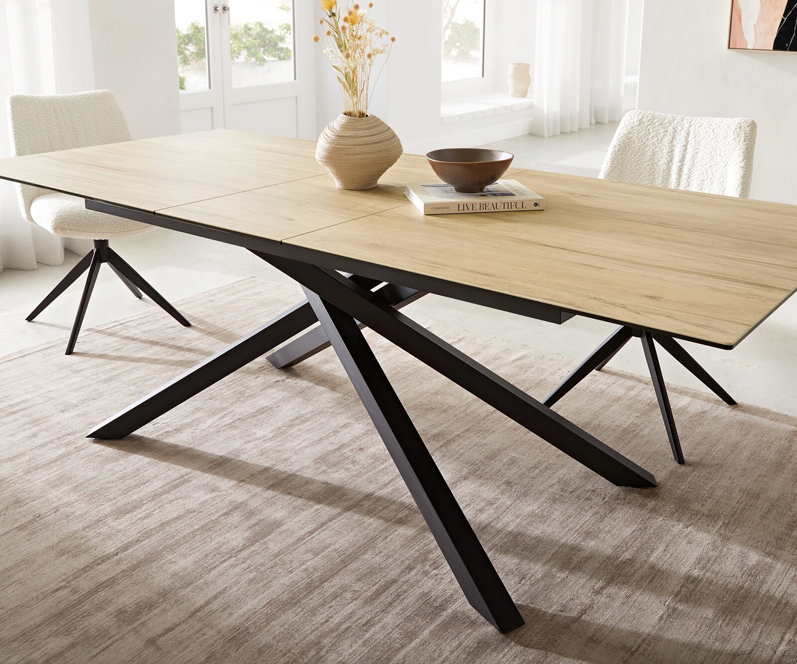 Разтегателна трапезна маса Edge 180-220х100 см Керамика Laminam® Sabbia цвят Дъб Кръсртовидна основа Черен цвят 7