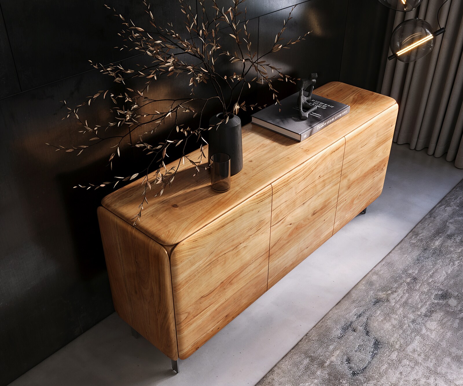 Шкаф Shavani 175 см, естествена акация, 2 врати, 3 чекмеджета L-база неръждаема стомана сребро 4