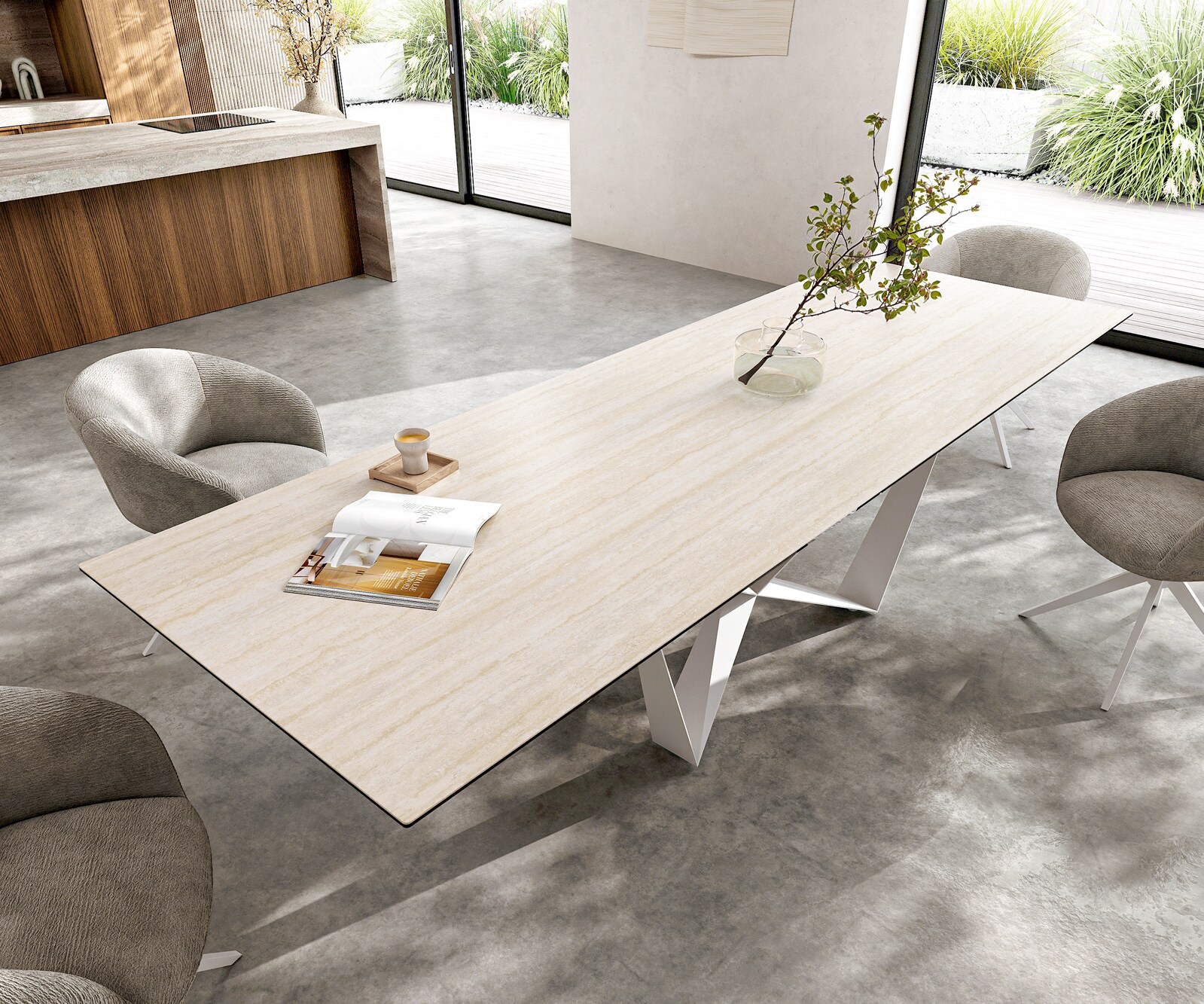 Трапезна маса Edge 300x100, керамика Laminam „®“, Travertino Bianco, кремаво-бяла, Spider, метал, бял 4