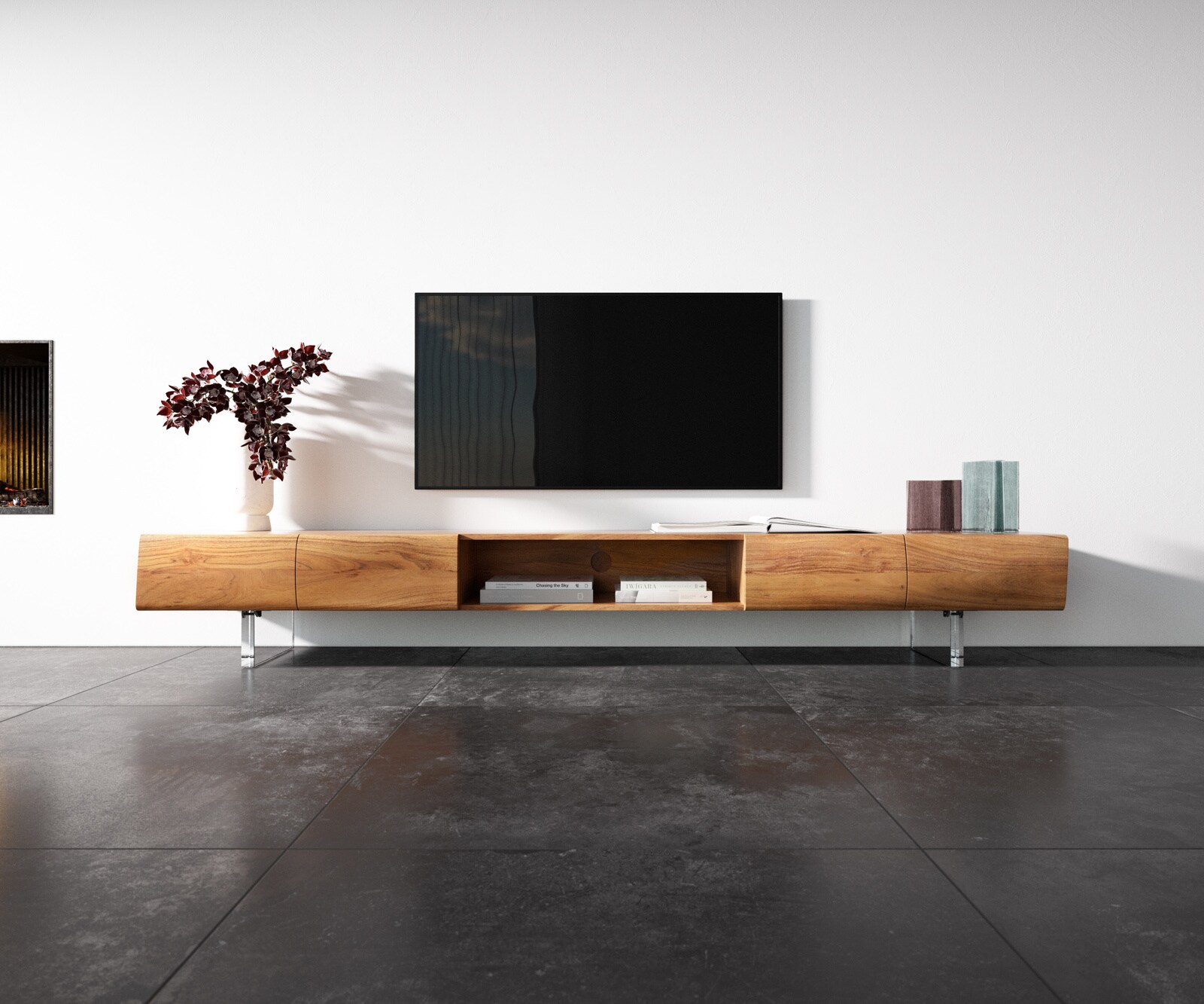 Нисък шкаф New Live-Edge 240 см естествена акация 4 врати 1 отделение акрилна основа 3