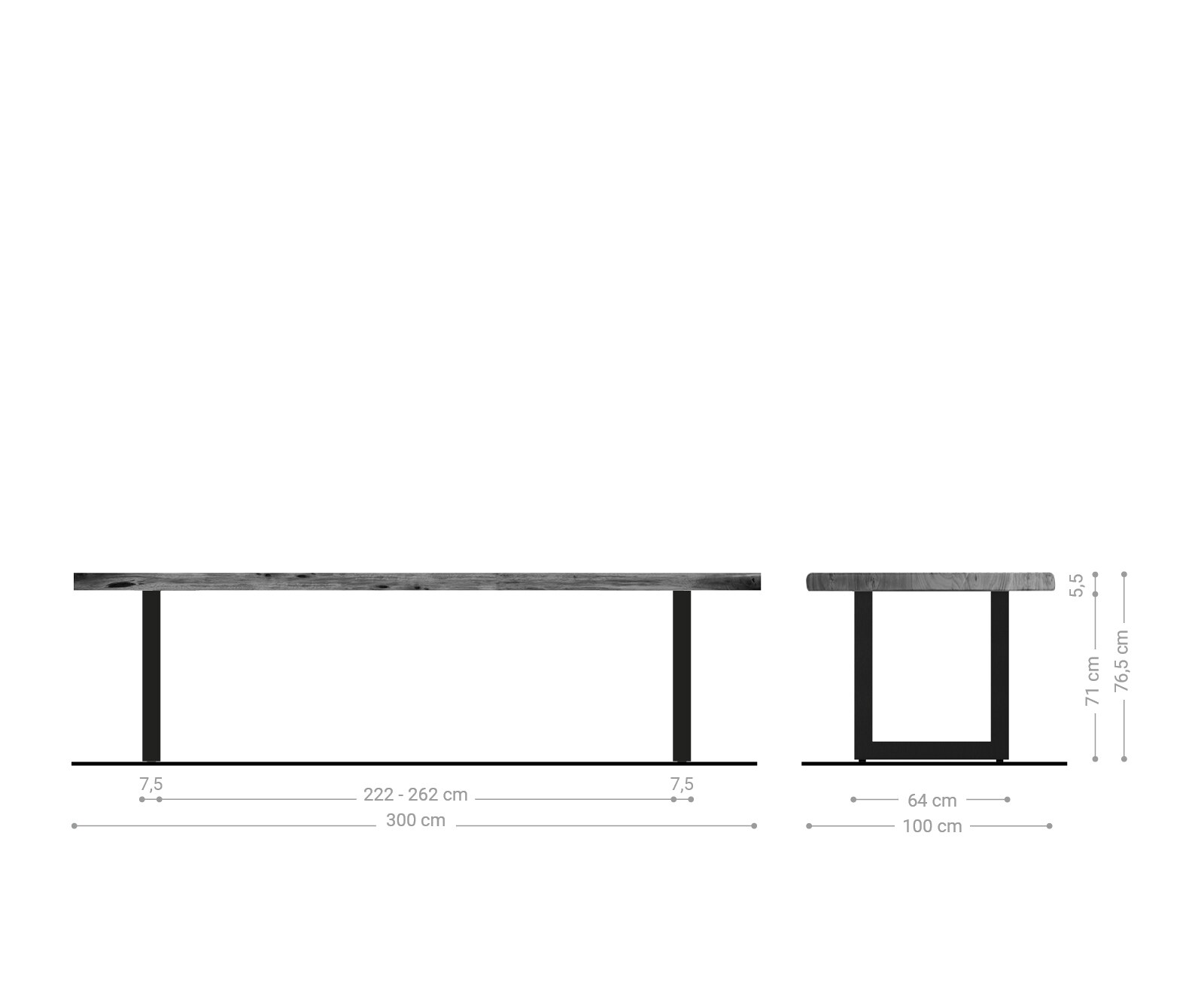Трапезна маса Edge 300x100 XL от акация, кафява, неръждаема стомана, широка, с естествени ръбове 5