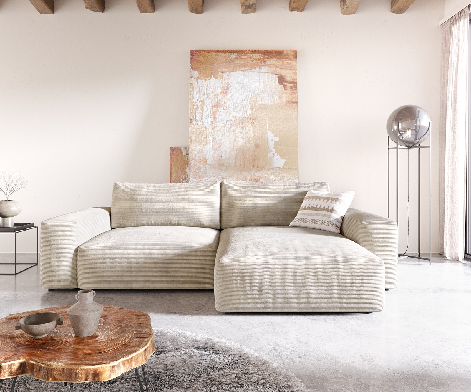 Ъглов диван Lanzo XL 270x180 см Рипс Бежов, Лява/Дясна Лежанка 1