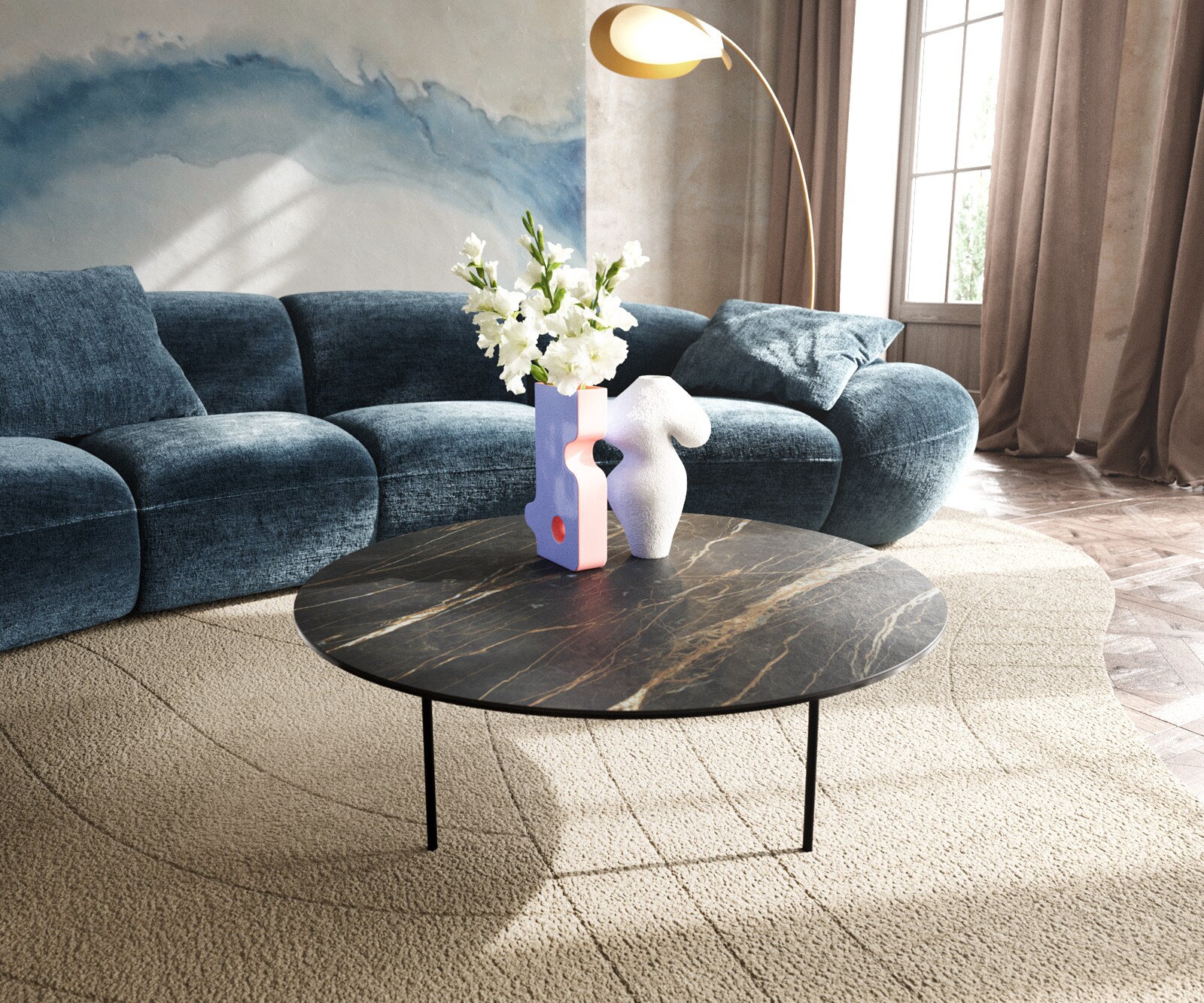 Масичка за кафе Edge Round 90x90 cm Ceramic Laminam® Noir Desir Brown Trive Metal Black