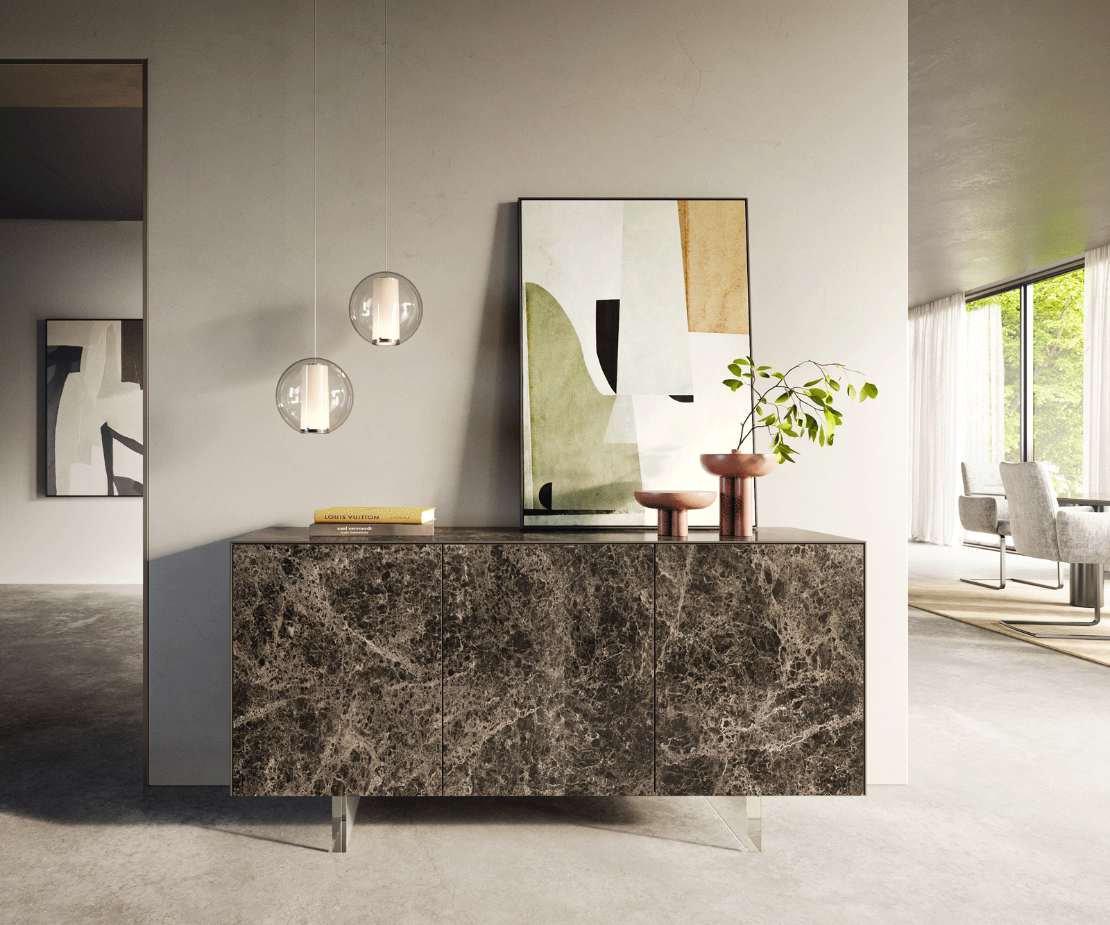 Шкаф Cuor 150 cm Ceramic Laminam® Emperador Extra Lucidato Тъмно кафяво 3 врати Foot Плаващ вид акрилно стъкло 2