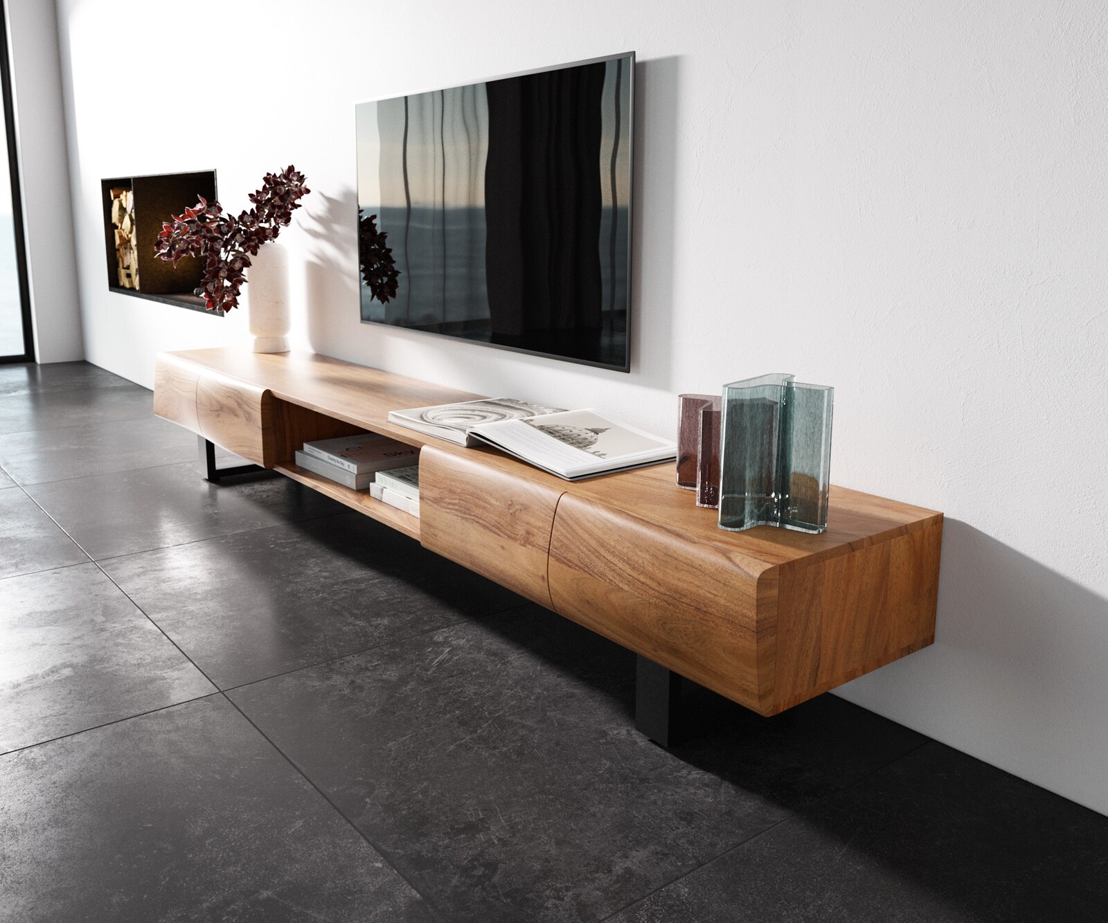 Ниска дъска New Live-Edge 240 cm Acacia natural 4 вратички 1 рафт Плъзгащ се метал черен 1