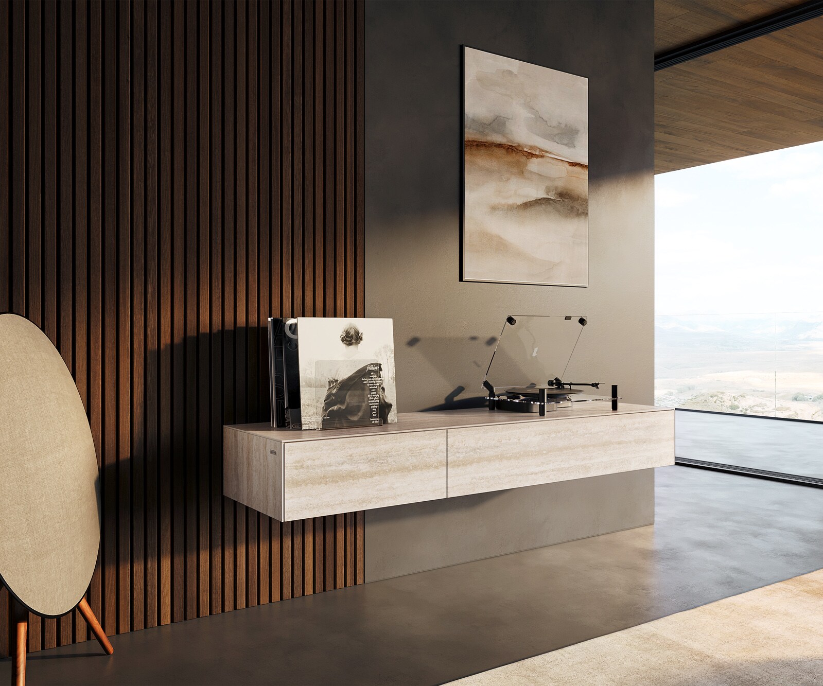 Ниска дъска Cuor 150 см Керамичен ламинат® Travertino Bianco Крем-бяло 1 клапа 1 чекмедже Плаващо