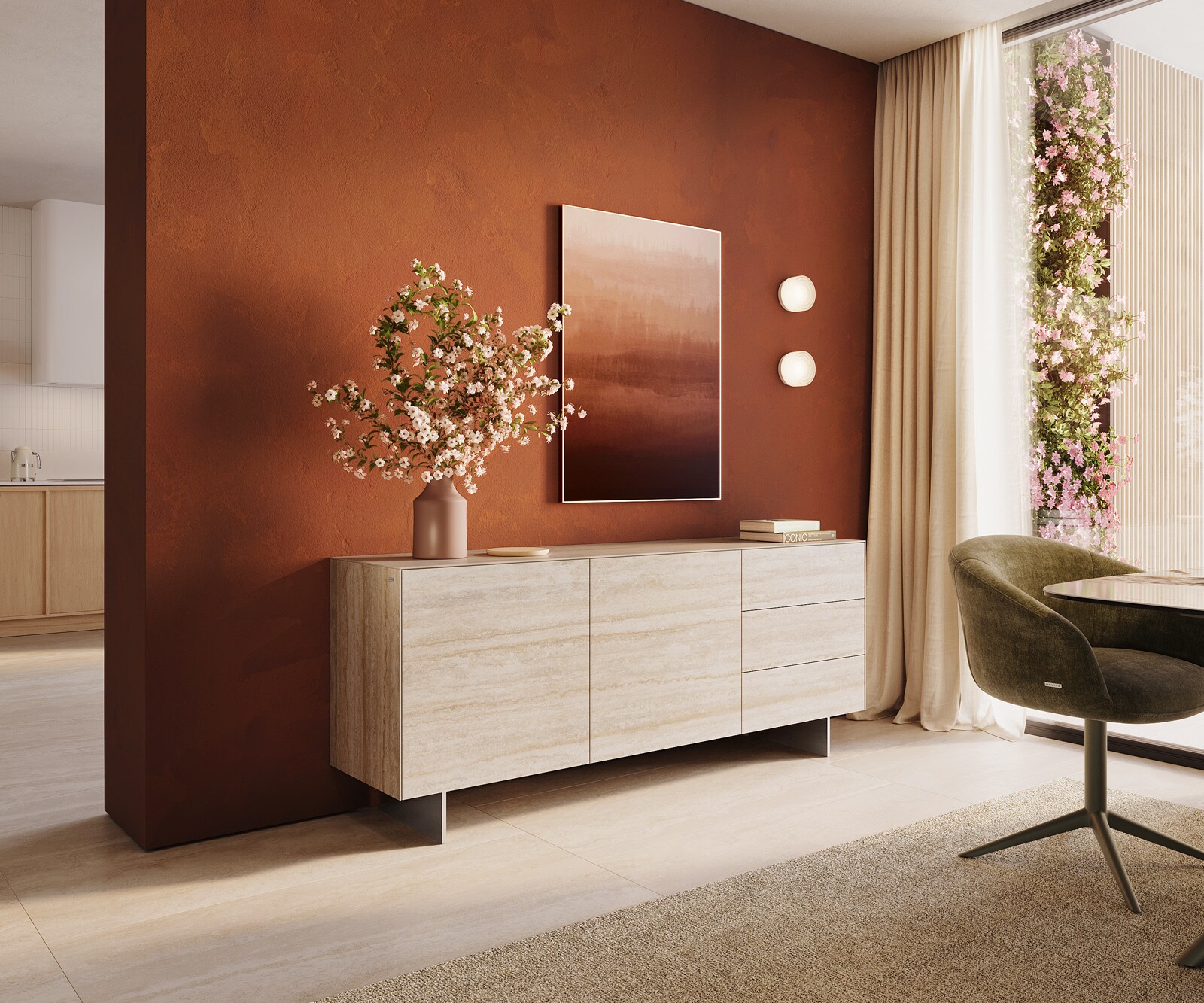 Бюфет Cuor 180 cm Керамичен ламинат® Travertino Bianco Кремаво-бяло 2 врати 3 чекмеджета Основа Окачен вид неръждаема стомана 1