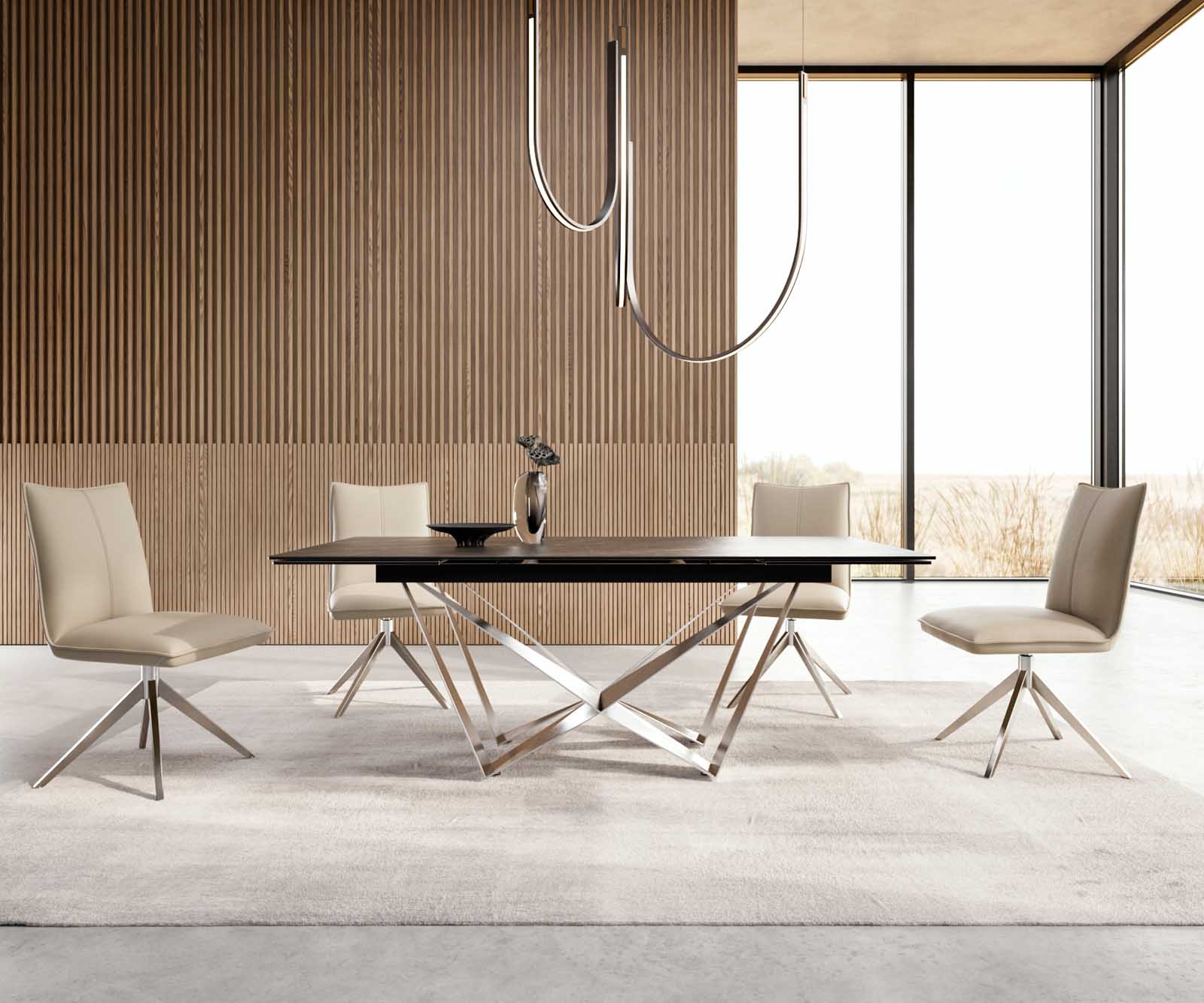 Разтегателна трапезна маса Edge 200-300х100 см Керамика Laminam®Noir Desir Кафяв Основа стомана тип Spider Сребристосив цвят 5