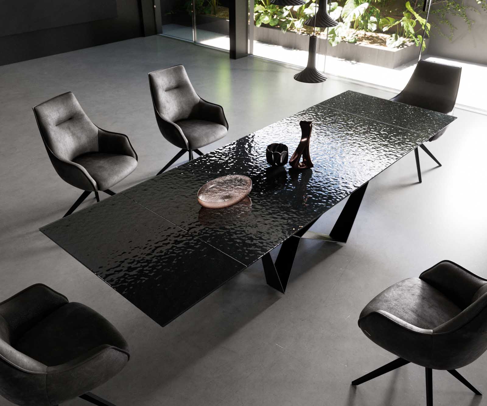 Маса 200-300x100 РелефноСтъкло ОпушеноЧерен 3D-Design Spider плоска стомана Черен разтегателна Edge 4