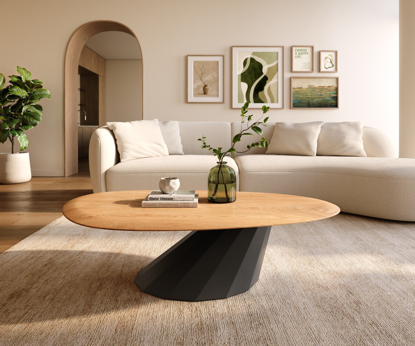 Масичка за кафе Edge Oval 140x75 cm естествен дъб кръгъл ръб Parabi метал черен 2