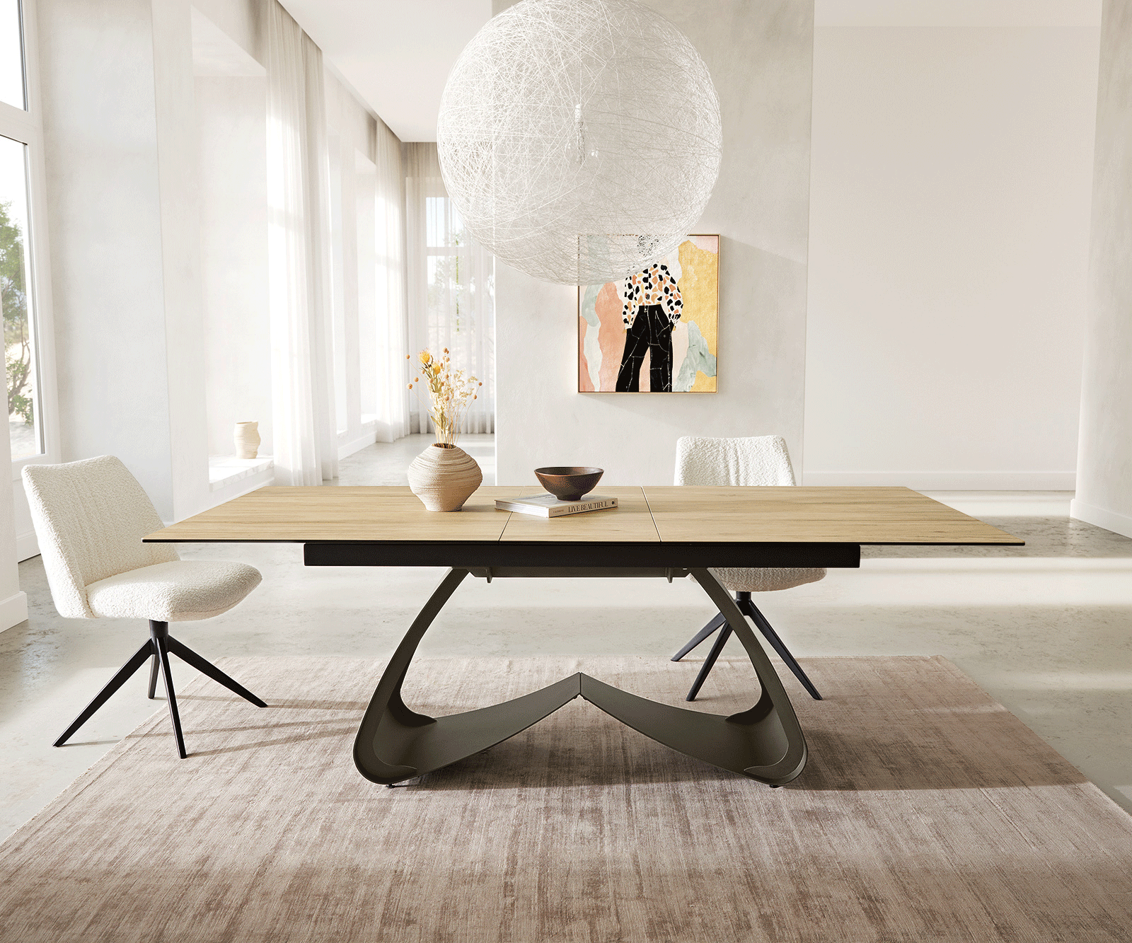Разтегателна трапезна маса Edge 180-220х100 см Керамика  Laminam® Sabbia Цвят дъб W-образна основа Титаниев цвят 5