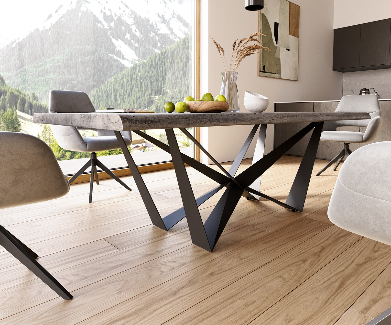 Трапезна маса Edge 220x100 XL от акация, „Платина“, „Спайдър“, плоска стомана, черна, с естествени ръбове 5