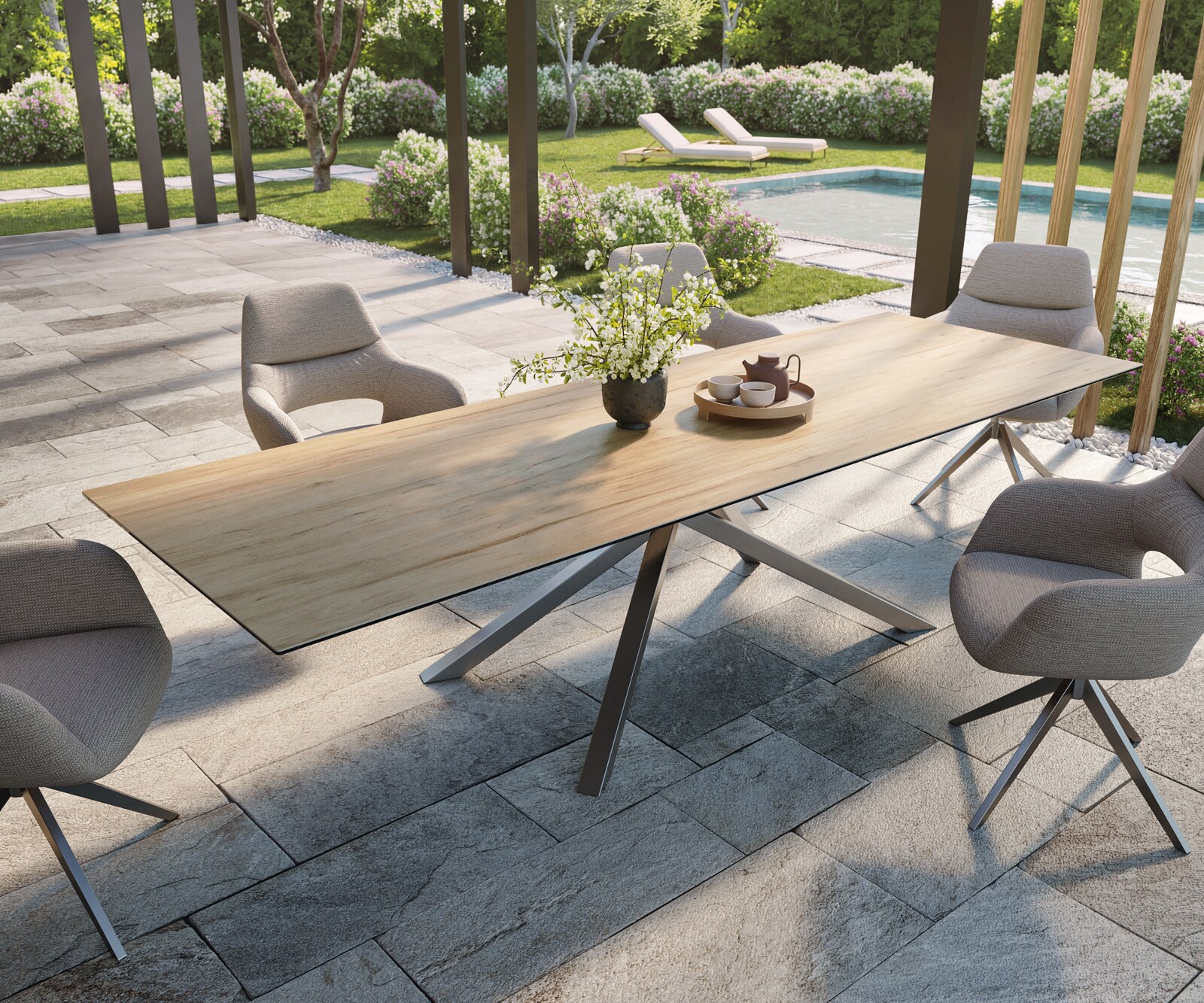 Луксозна външна маса Edge 300x100 см, керамичен правоъгален плот Laminam ®, Кръстовидна основа,  Пясъчен дъб/Сребристосив