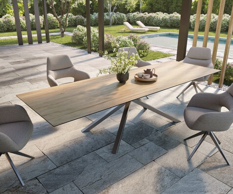 Луксозна външна маса Edge 300x100 см, керамичен правоъгален плот Laminam ®, Кръстовидна основа,  Пясъчен дъб/Сребристосив