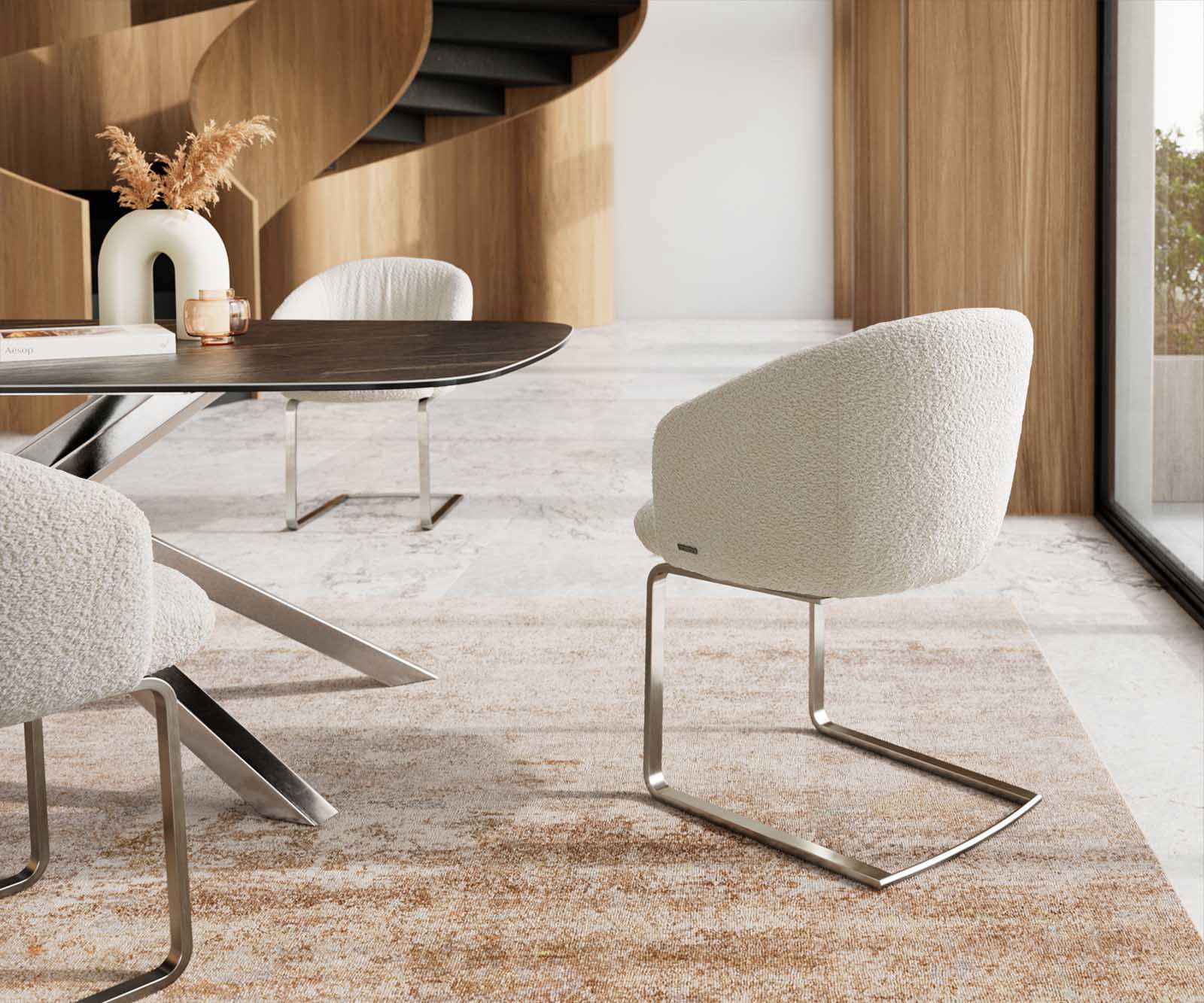 Люлеещ стол с подлакътници Букле Бял Конзолен крак плосък Неръждаема стомана Покет пружина Caja-Flex 4 Люлеещ стол с подлакътници Букле Бял Конзолен крак плосък Неръждаема стомана Покет пружина Caja-Flex 4