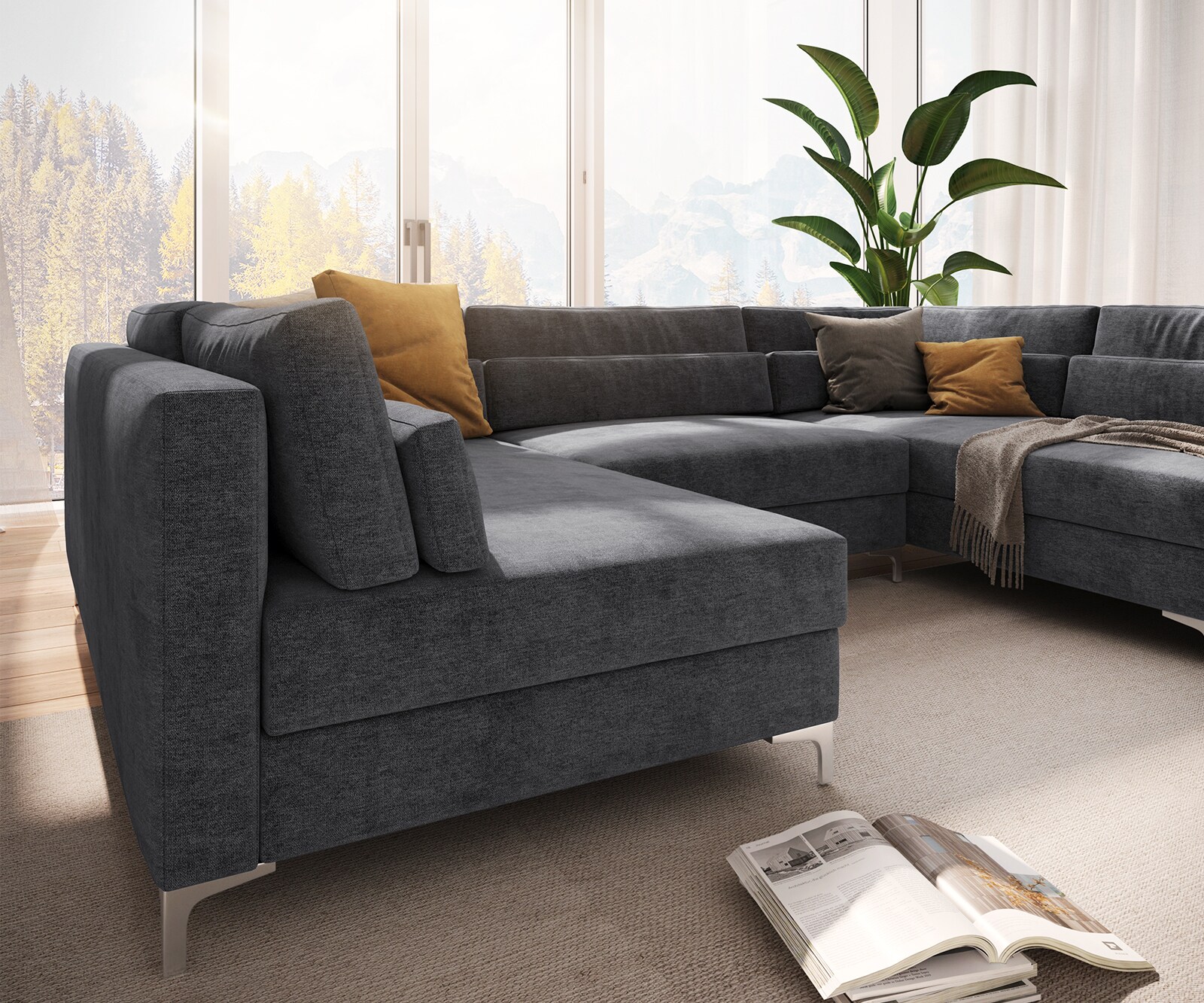  300x185 cm Микрофибър Графитe с Табуретка Elio 6
