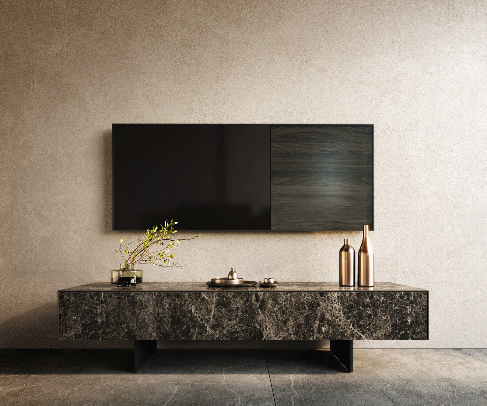 Ниска дъска Cuor 150 cm Керамичен ламинат® Emperador Extra Lucidato Тъмно кафяво 1 клапа 1 чекмедже Основа Окачен вид Метал Черен 1