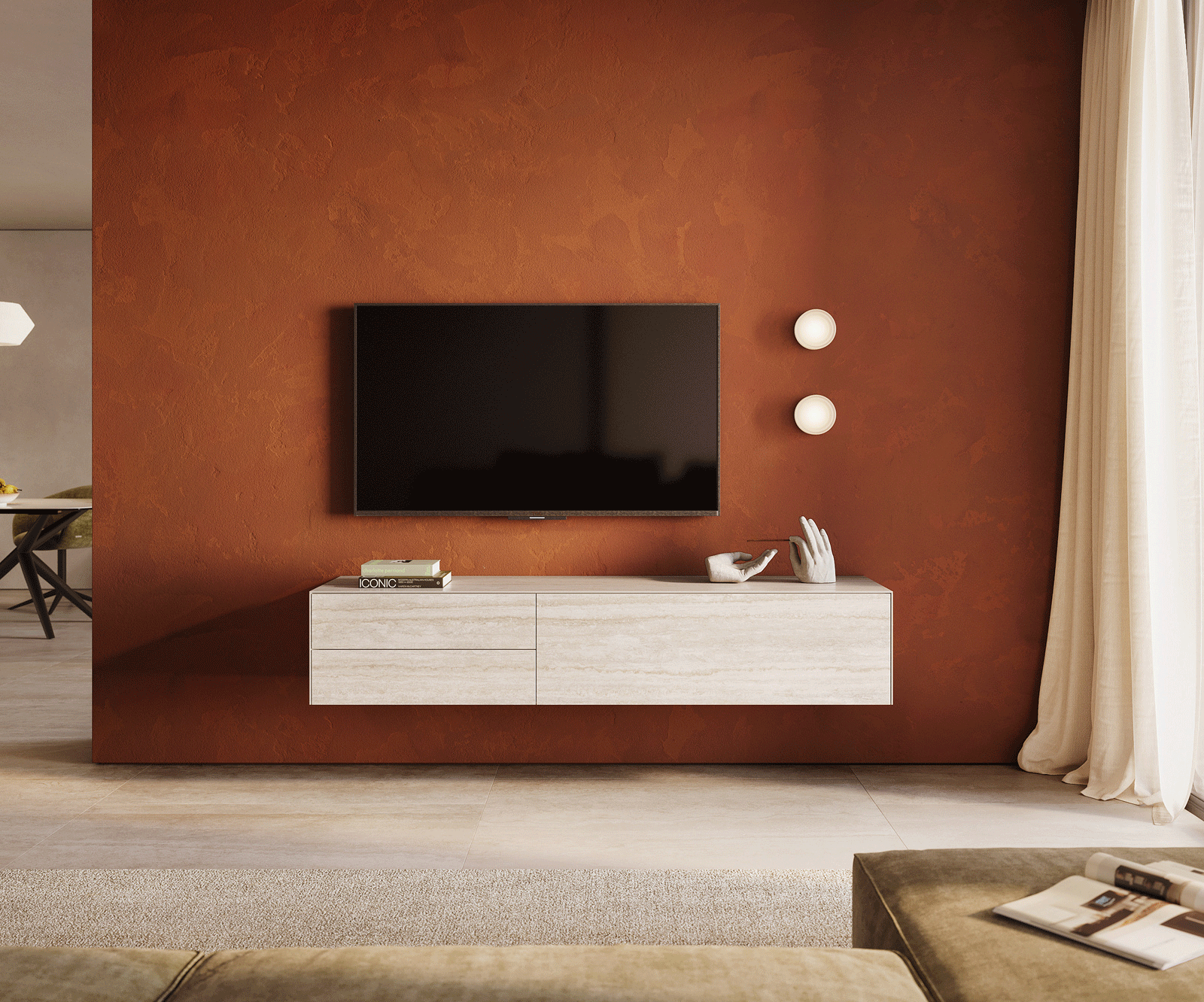 Стенен ТВ шкаф Cuor 180 см Керамика Laminam® Travertino Bianco Крем-бяло 1 врата 2 чекмеджета  1