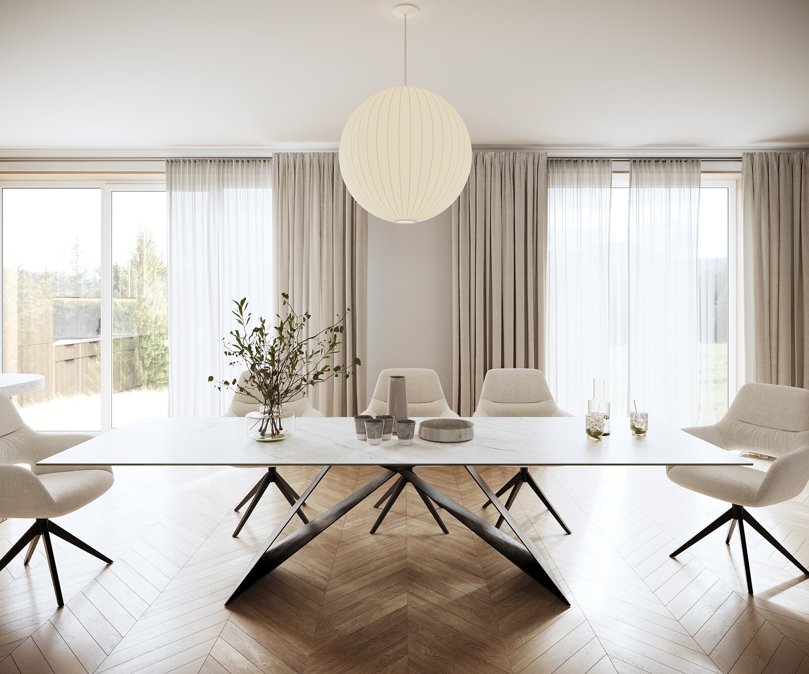 Маса 300x100cm Keramik Laminam®Statuarietto Бял V-среден крак Черен Edge 1