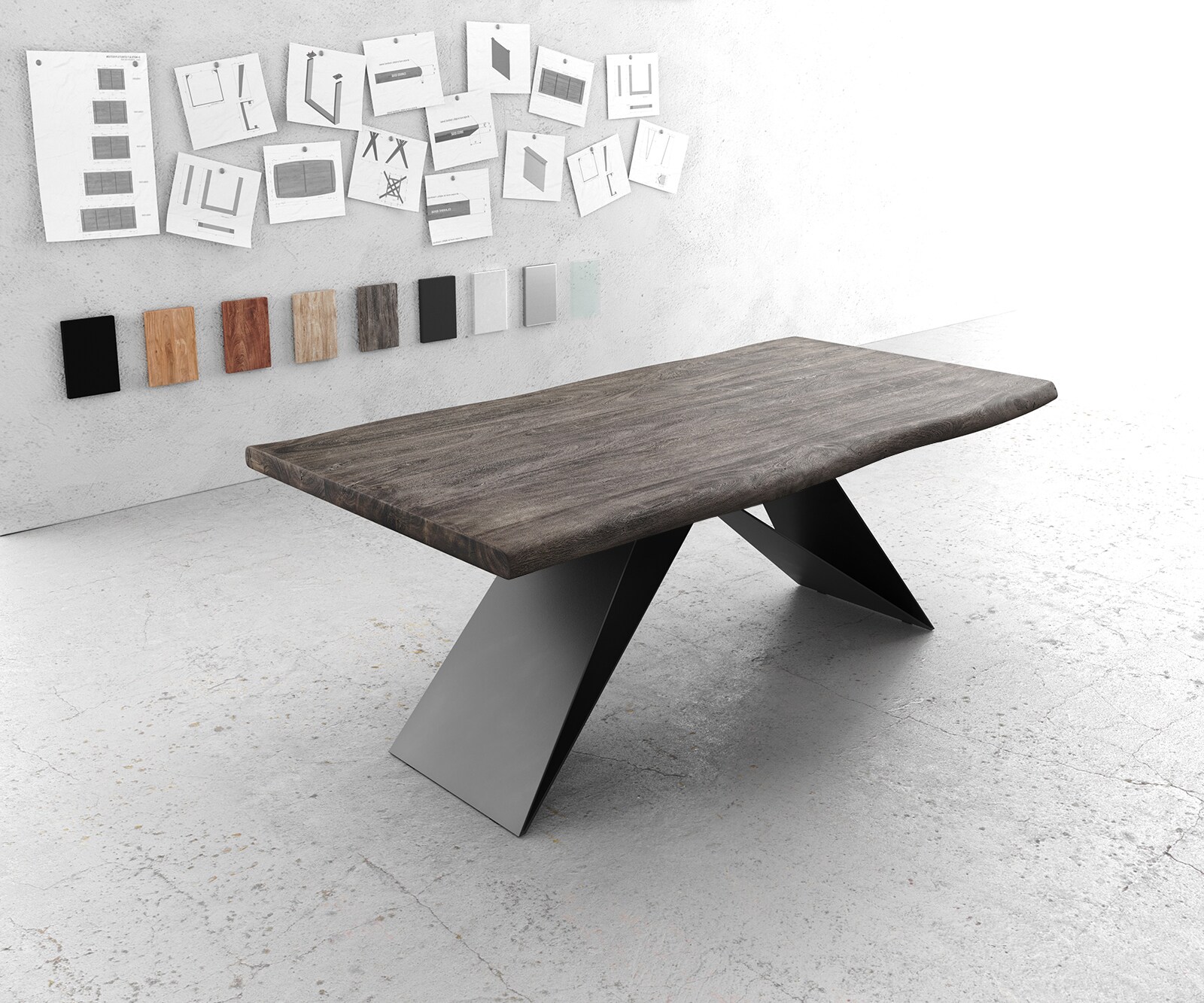 Маса 200x100 XL Акация Платинен цвят V-Рамка плоска стомана Черен Edge