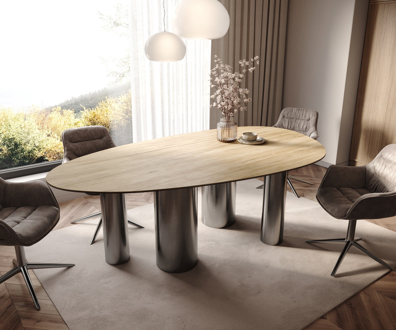 Трапезна маса Edge Oval 220x120 Керамичен ламинат® Sabbia Дъбов цвят Pilier Неръждаема стомана Графит