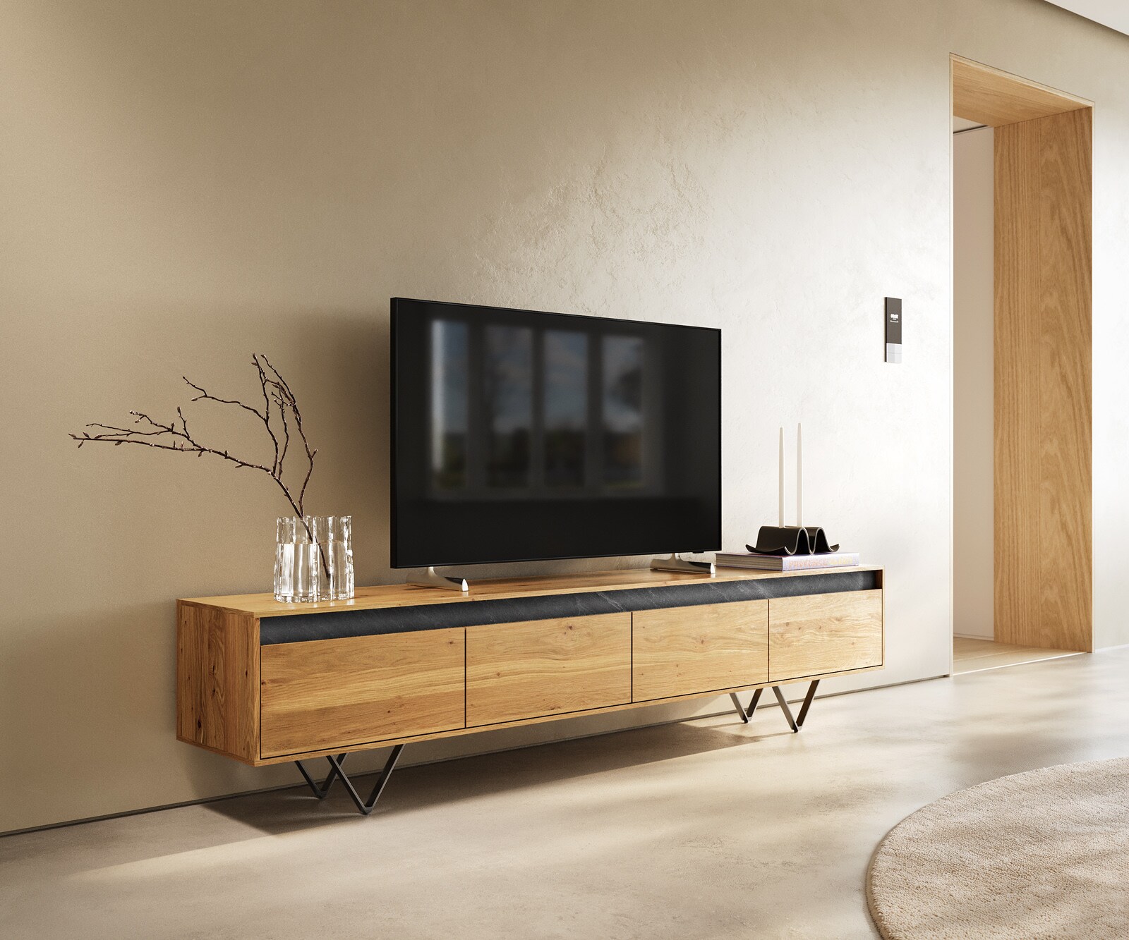 Дизайнерска долна дъска Stonegrace 200 cm естествен дъб шисти 4 чекмеджета V-образна основа метал черен