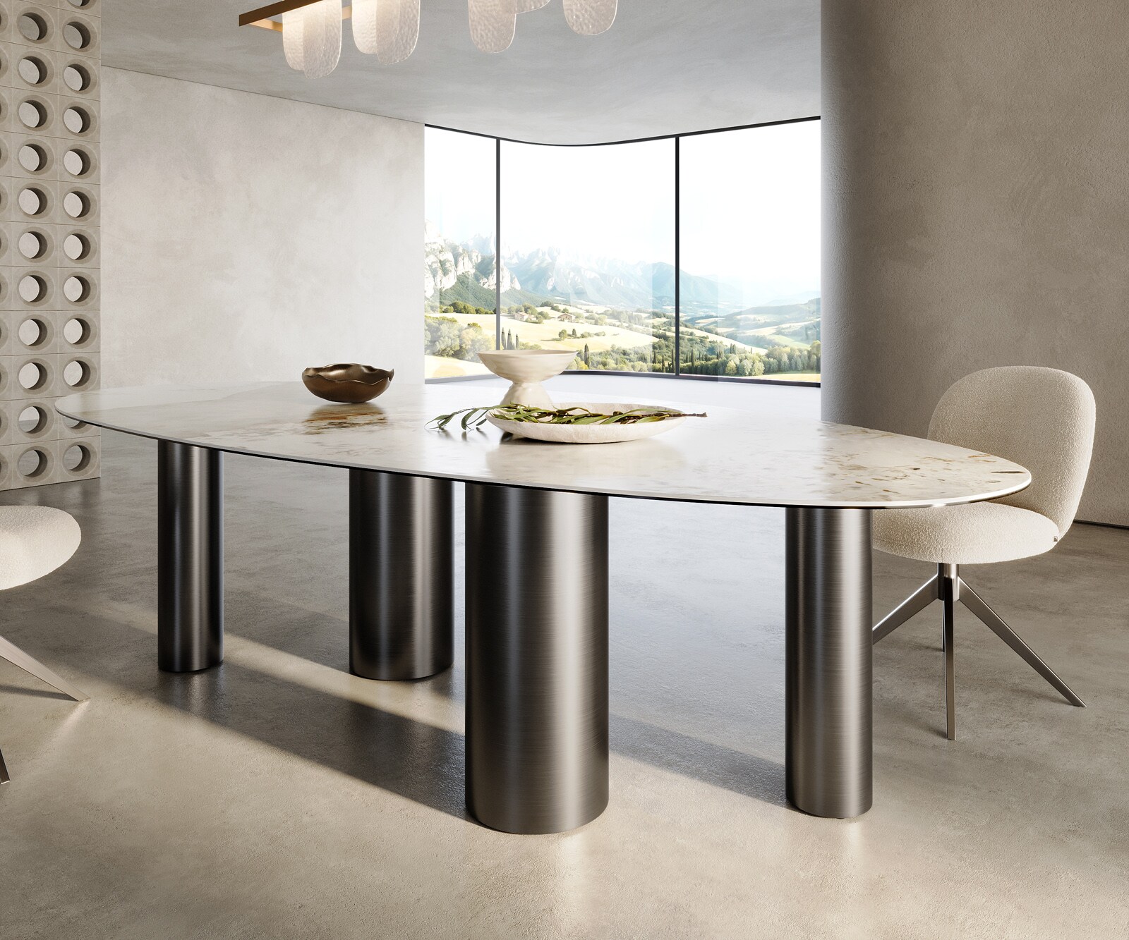 Трапезна маса Edge Oval 280x130, керамика Minas Melange в бяло-бежово, Pilier от неръждаема стомана в графитен цвят 5