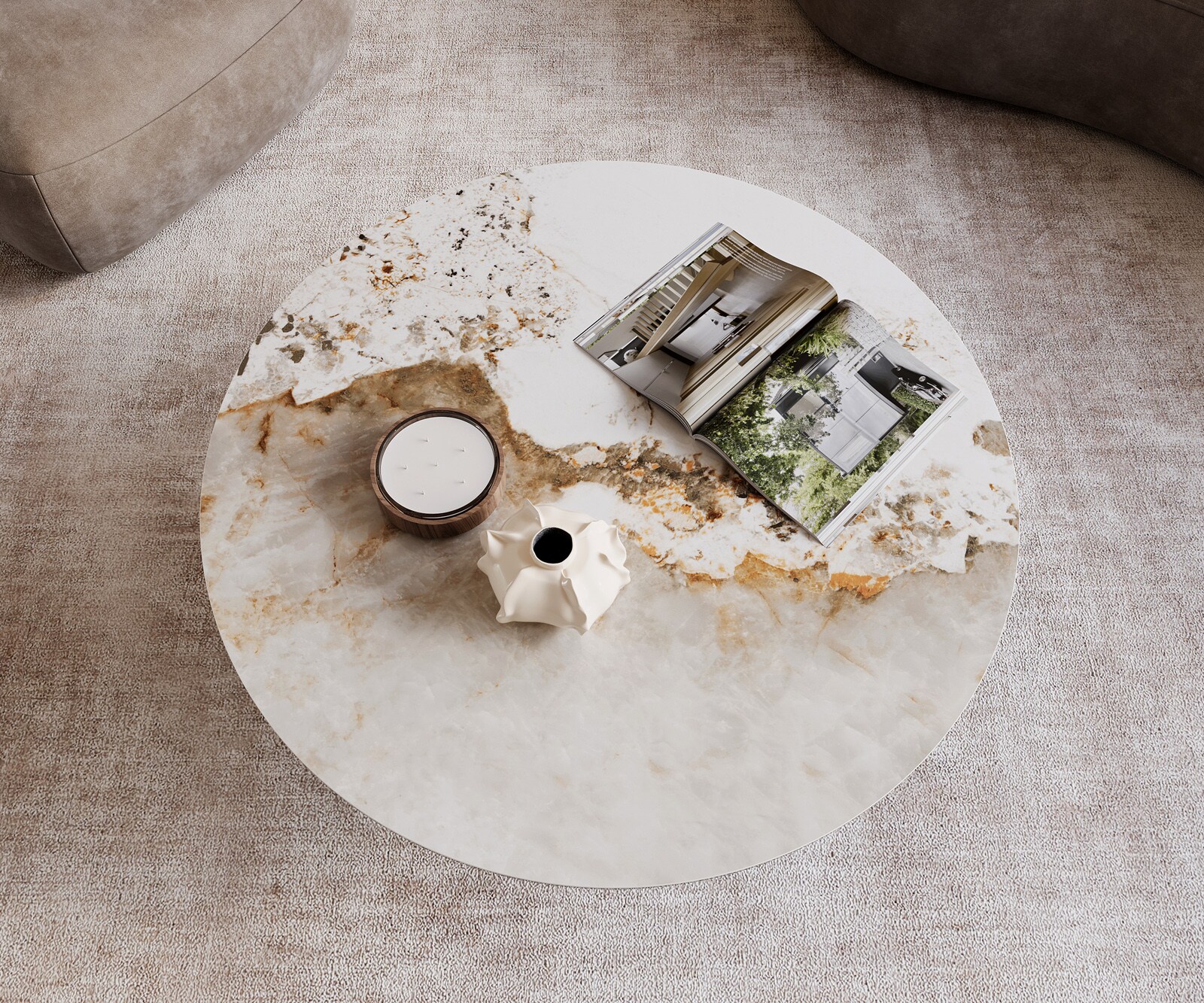 Масичка за кафе Edge, кръгла, 100x100 cm, керамика Minas Melange Parabi, матирана неръждаема стомана 4