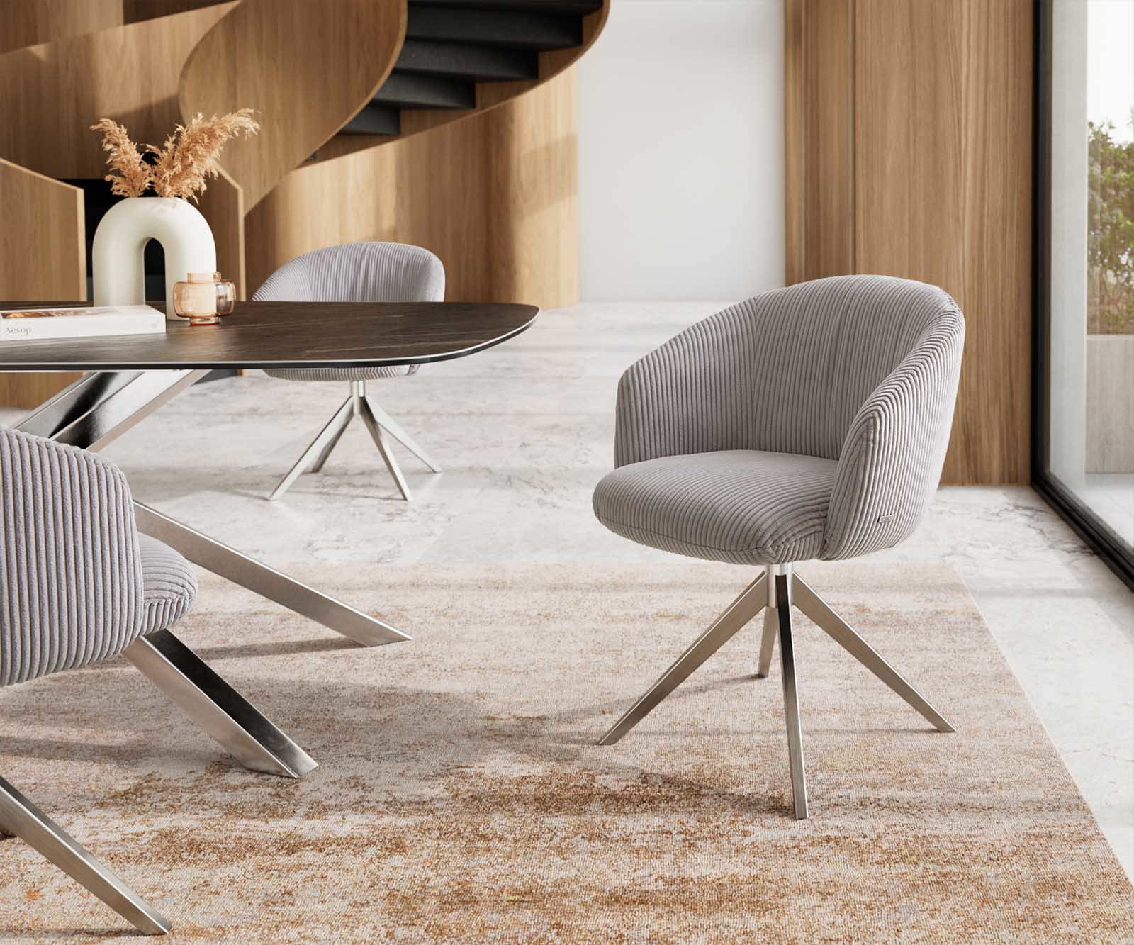 Врътящ се стол с подлакътници Корд СребристСив Конус крак плосък Неръждаема стомана 360° въртящ се Покет пружина Caja-Flex Врътящ се стол с подлакътници Корд СребристСив Конус крак плосък Неръждаема стомана 360° въртящ се Покет пружина Caja-Flex