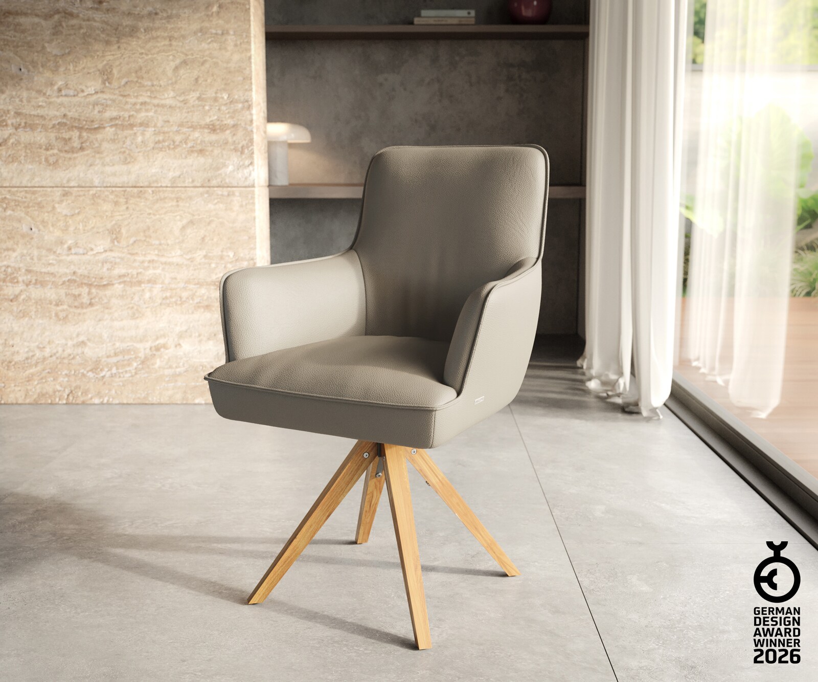 Врътящ се стол с подлакътници Естествена кожа Сиво-Кафяв Дървена рамка  Натурал 180° въртящ се Покет пружина Heira-Flex